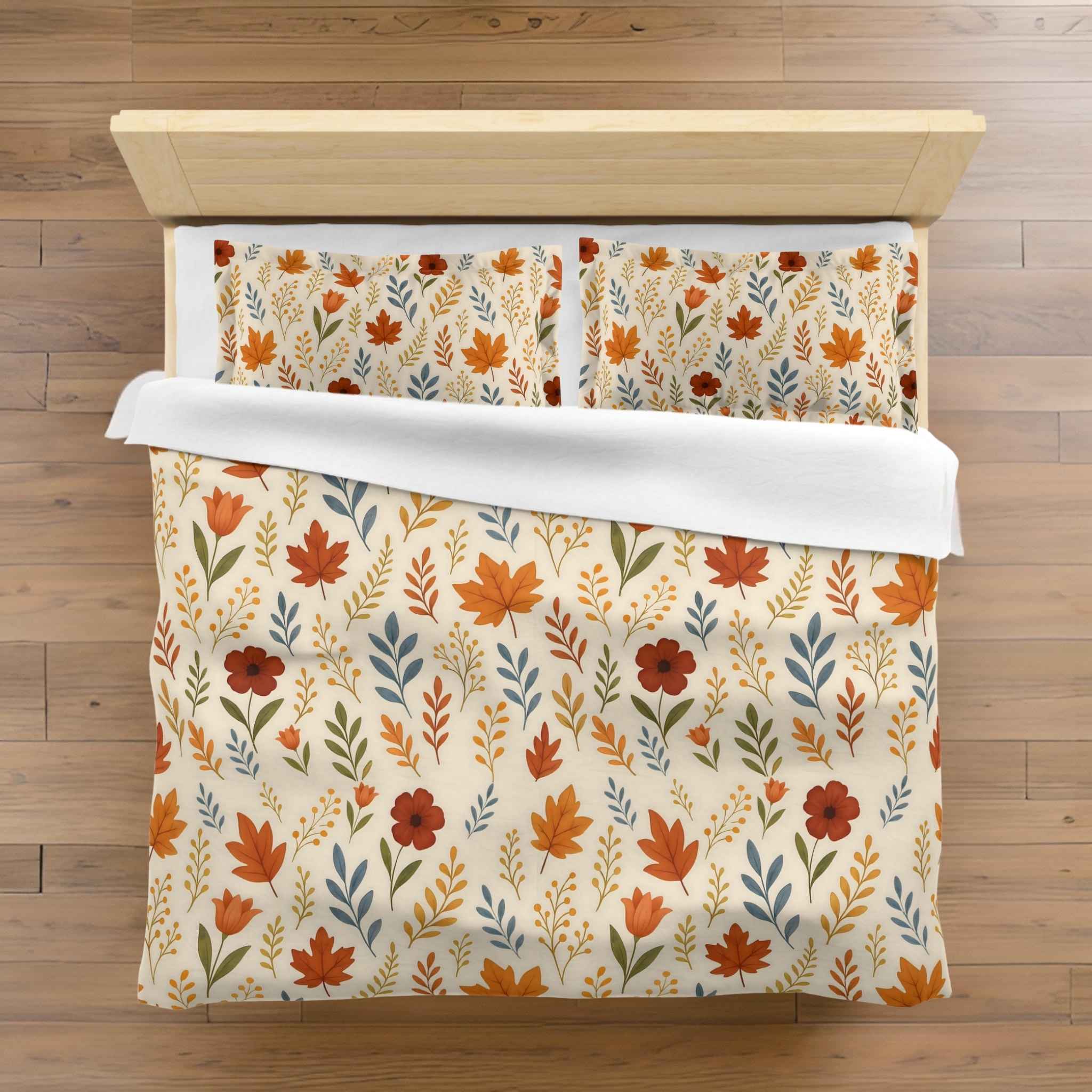 Bed with a floral comforter featuring autumn leaves on a wooden floor.