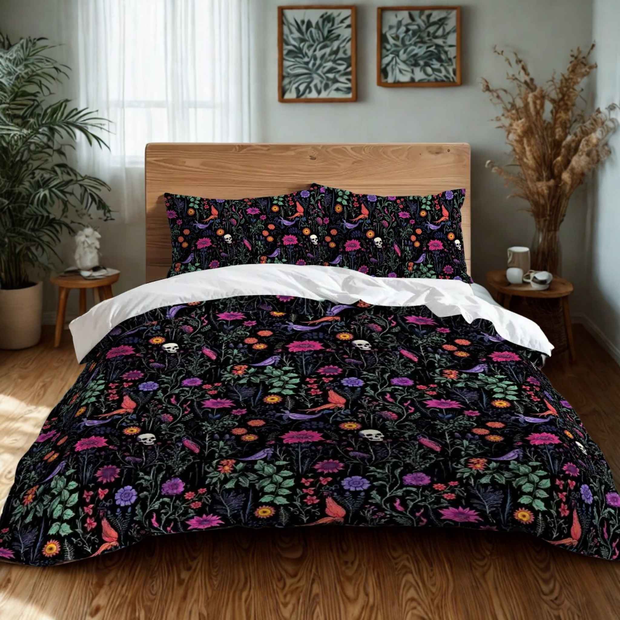 Eerie Wildflower Skull Duvet Cover and Pillow Shams, Microfiber