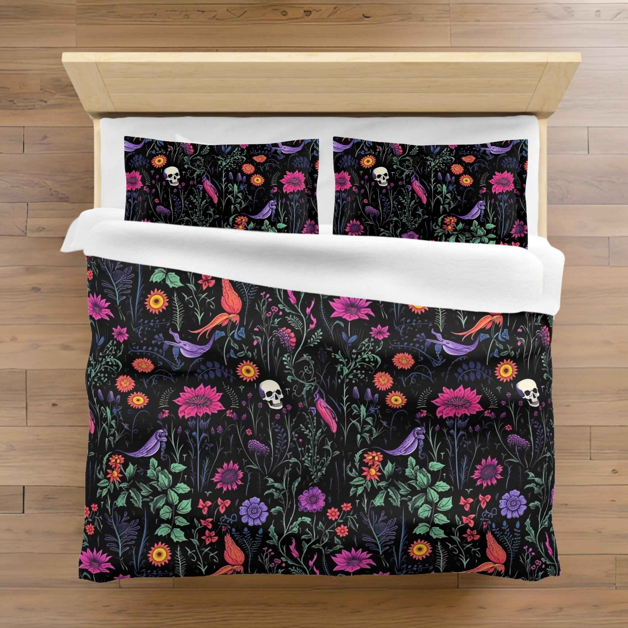 Eerie Wildflower Skull Duvet Cover and Pillow Shams, Microfiber