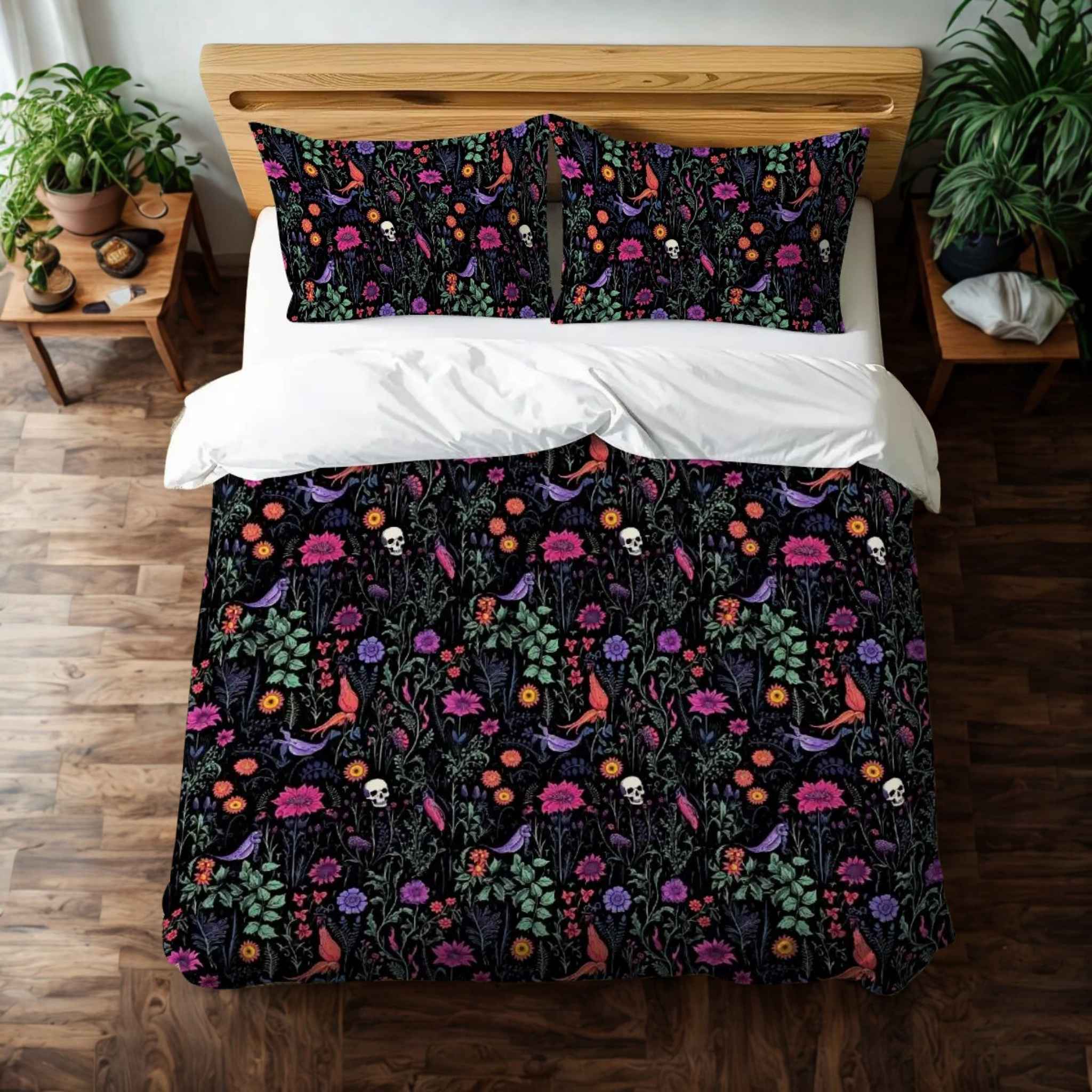 Eerie Wildflower Skull Duvet Cover and Pillow Shams, Microfiber