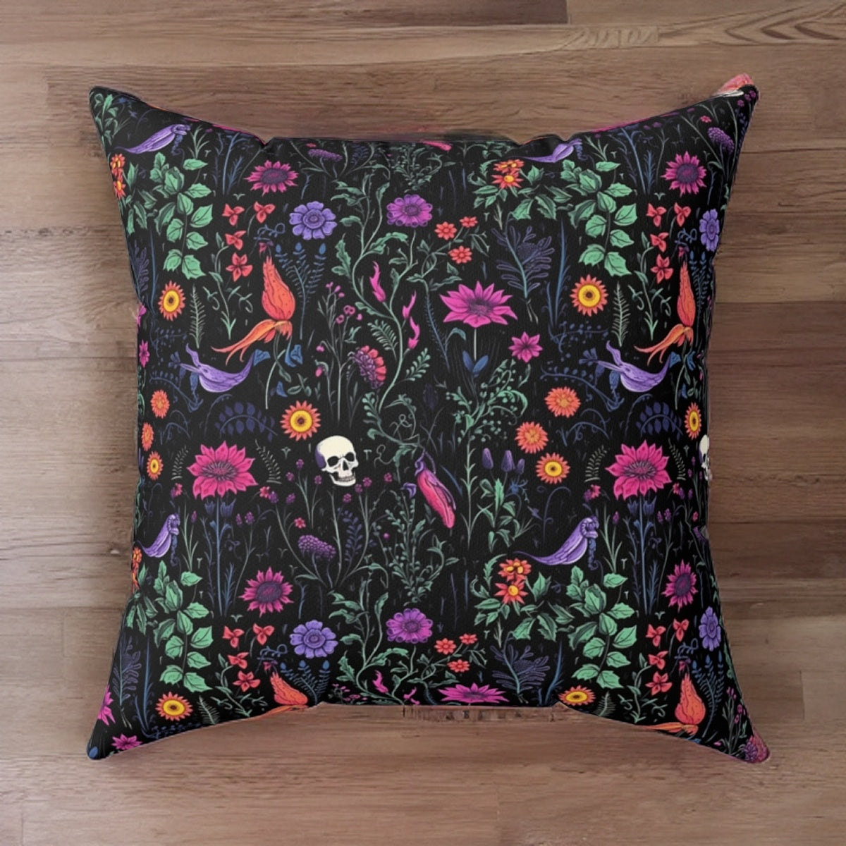 Eerie Wildflower Faux Suede Pillow Cover with Skull