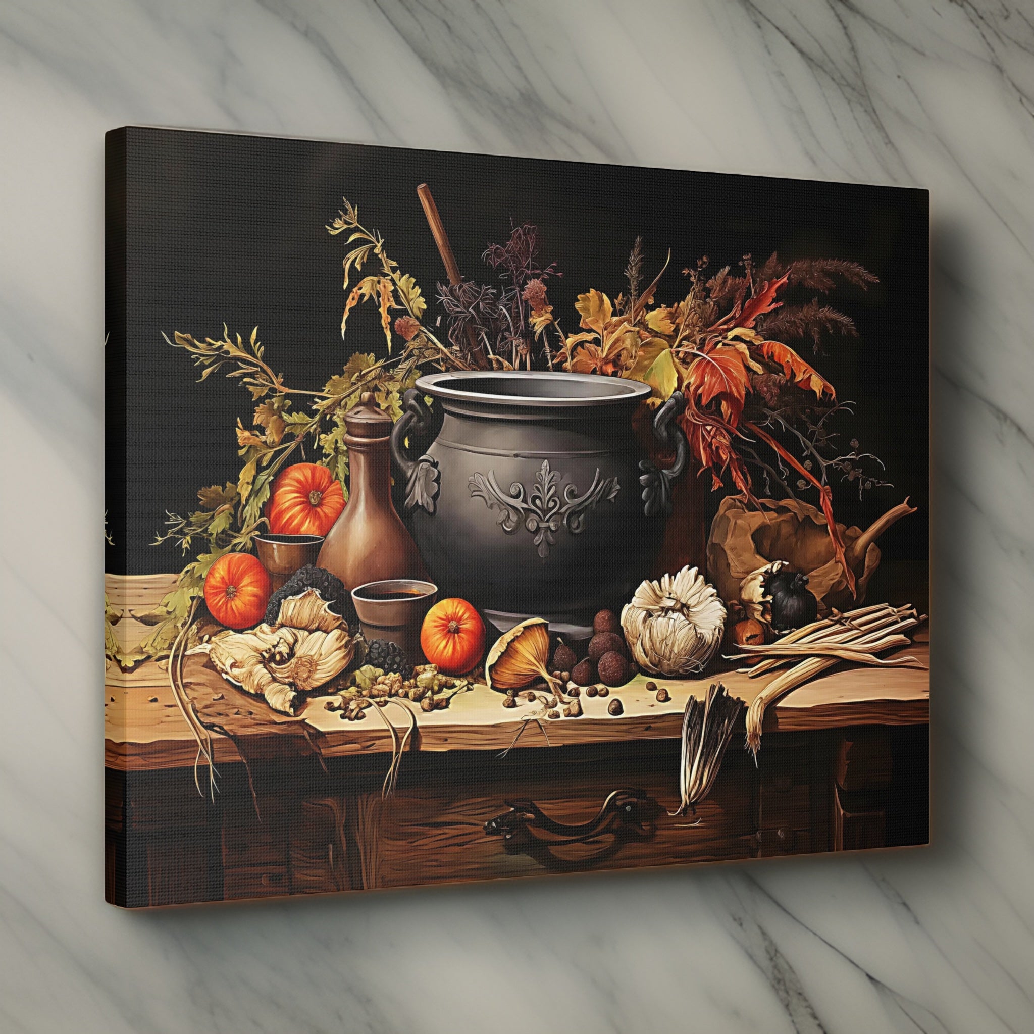 Enchanted Cauldron Canvas Art: Autumnal Herbs Still Life