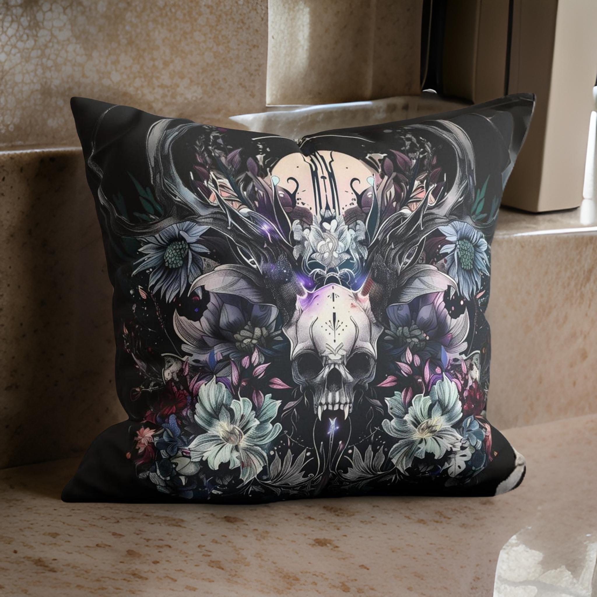 Gothic Throw Pillow: Fantasy Decor | Ethereal Horned Skull