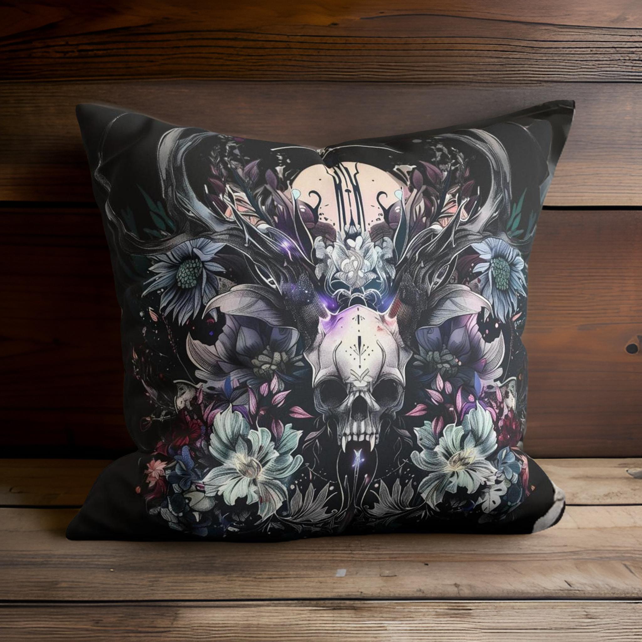 Gothic Throw Pillow: Fantasy Decor | Ethereal Horned Skull
