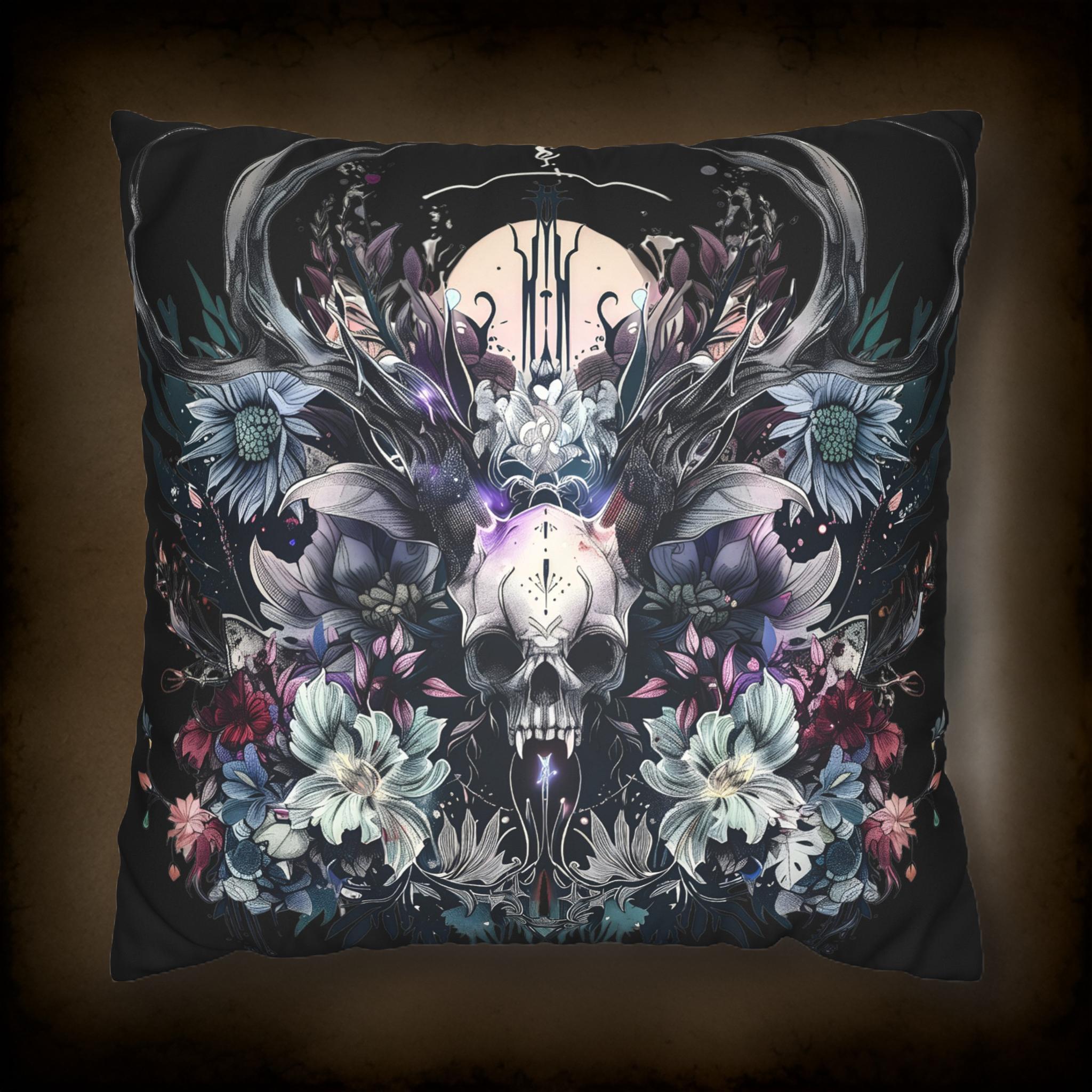 Gothic Throw Pillow: Fantasy Decor | Ethereal Horned Skull
