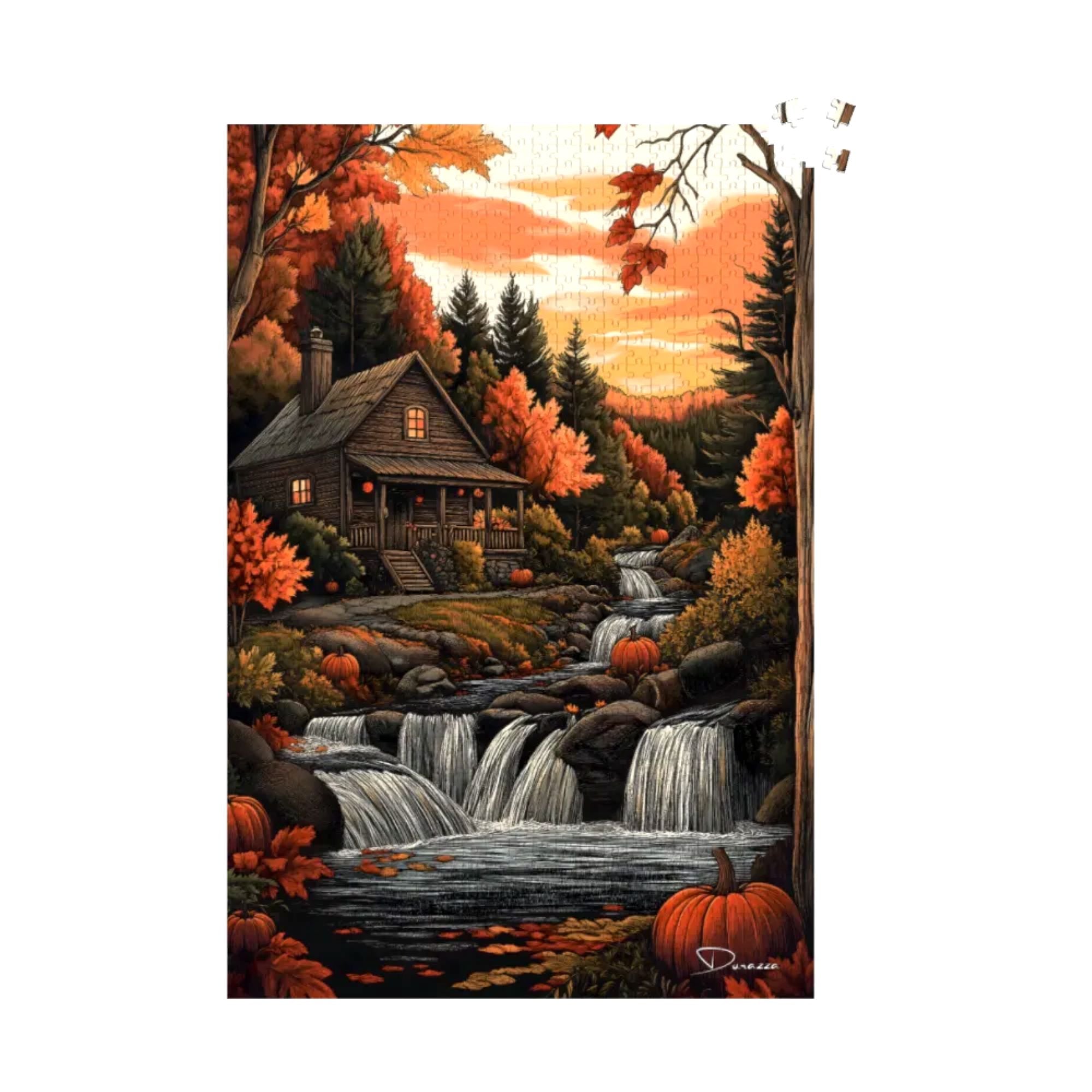 Fall Waterfall Cabin Jigsaw Puzzle 500 or 1000 Piece