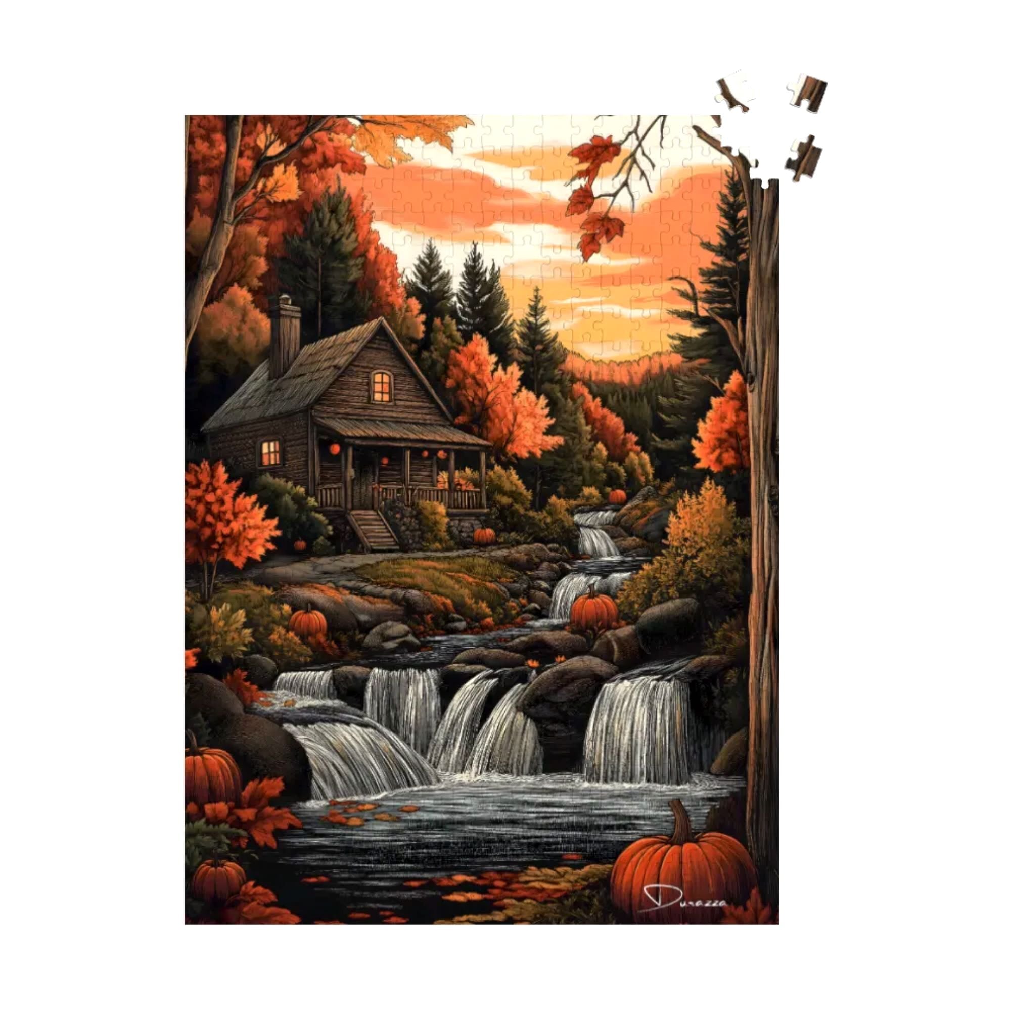 Fall Waterfall Cabin Jigsaw Puzzle 500 or 1000 Piece