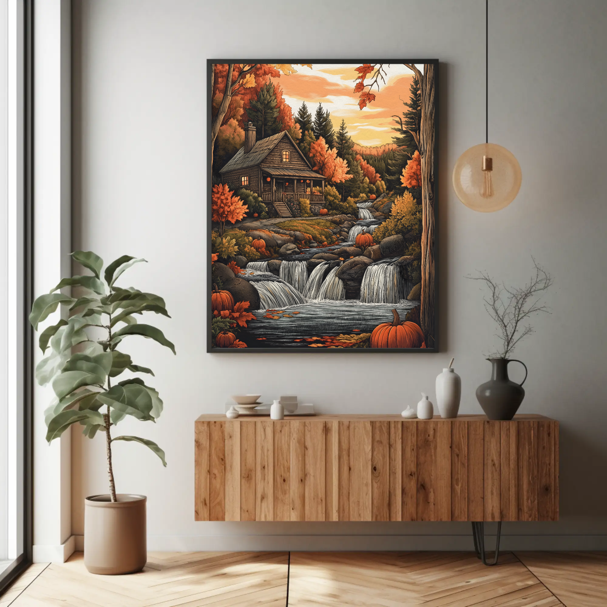 Autumn Woods Wall Art: Thanksgiving Decor | Fall Waterfall Cabin