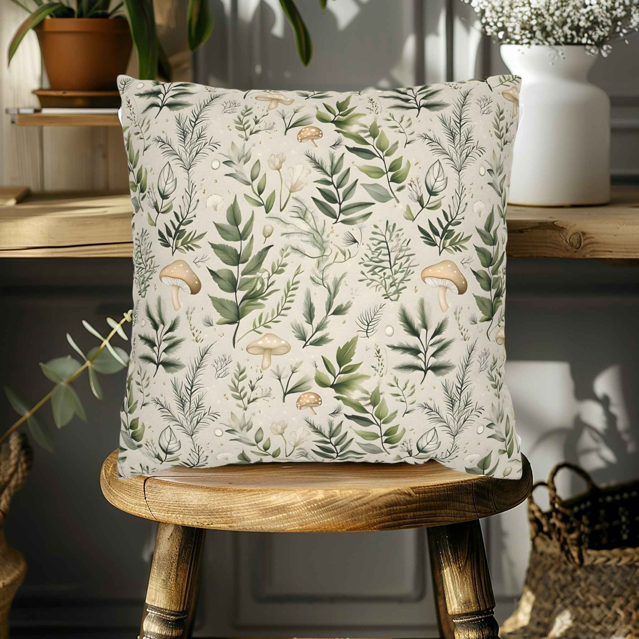 Mushroom Throw Pillow – Earthy Green Decor | Fernwood Dreams