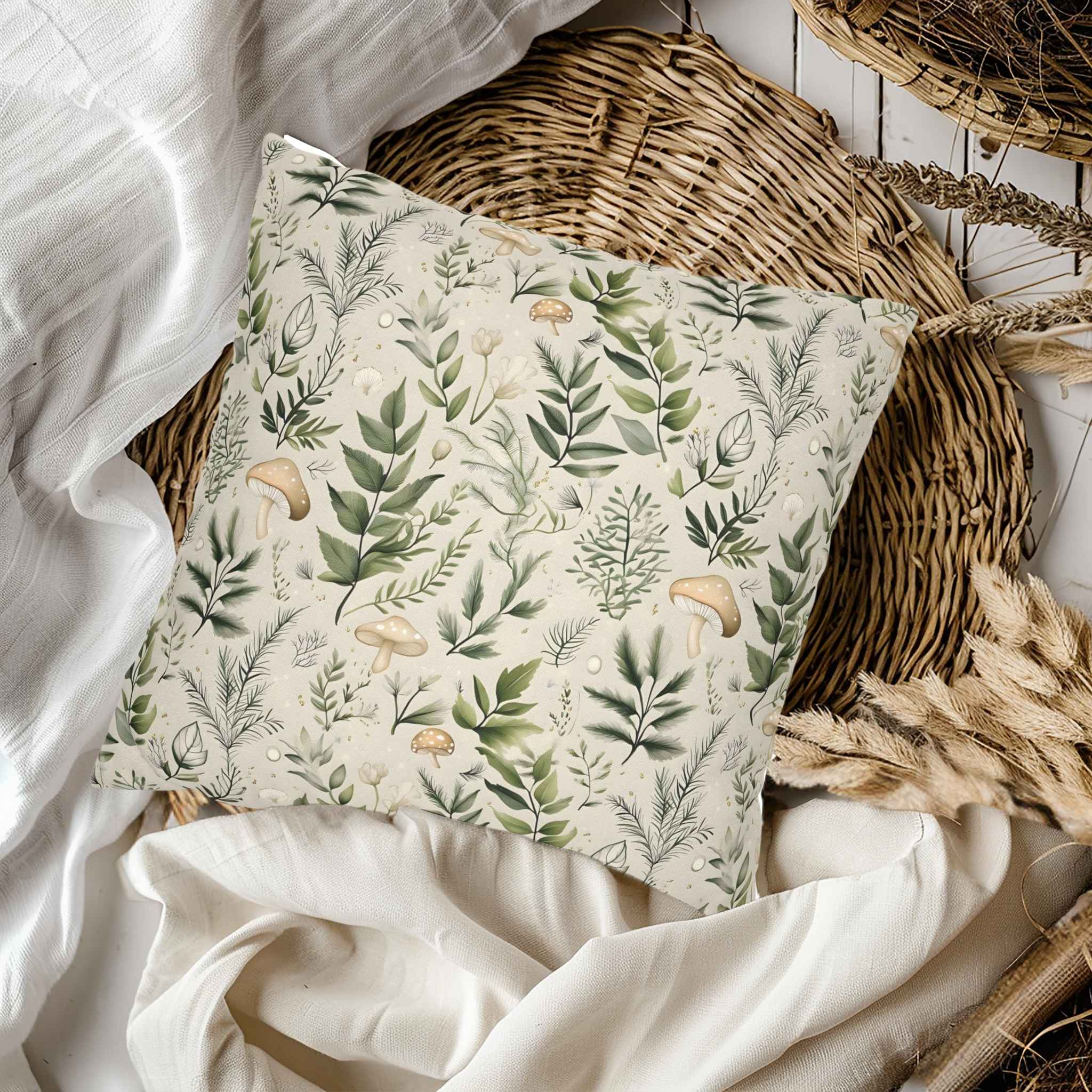 Mushroom Throw Pillow – Earthy Green Decor | Fernwood Dreams