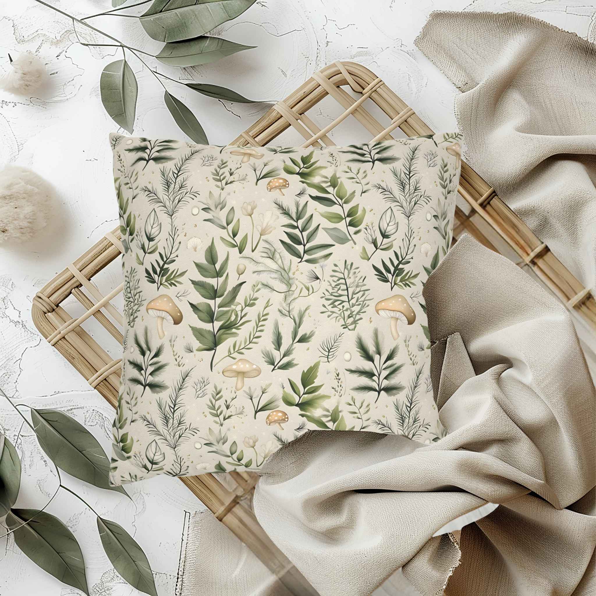 Mushroom Throw Pillow – Earthy Green Decor | Fernwood Dreams