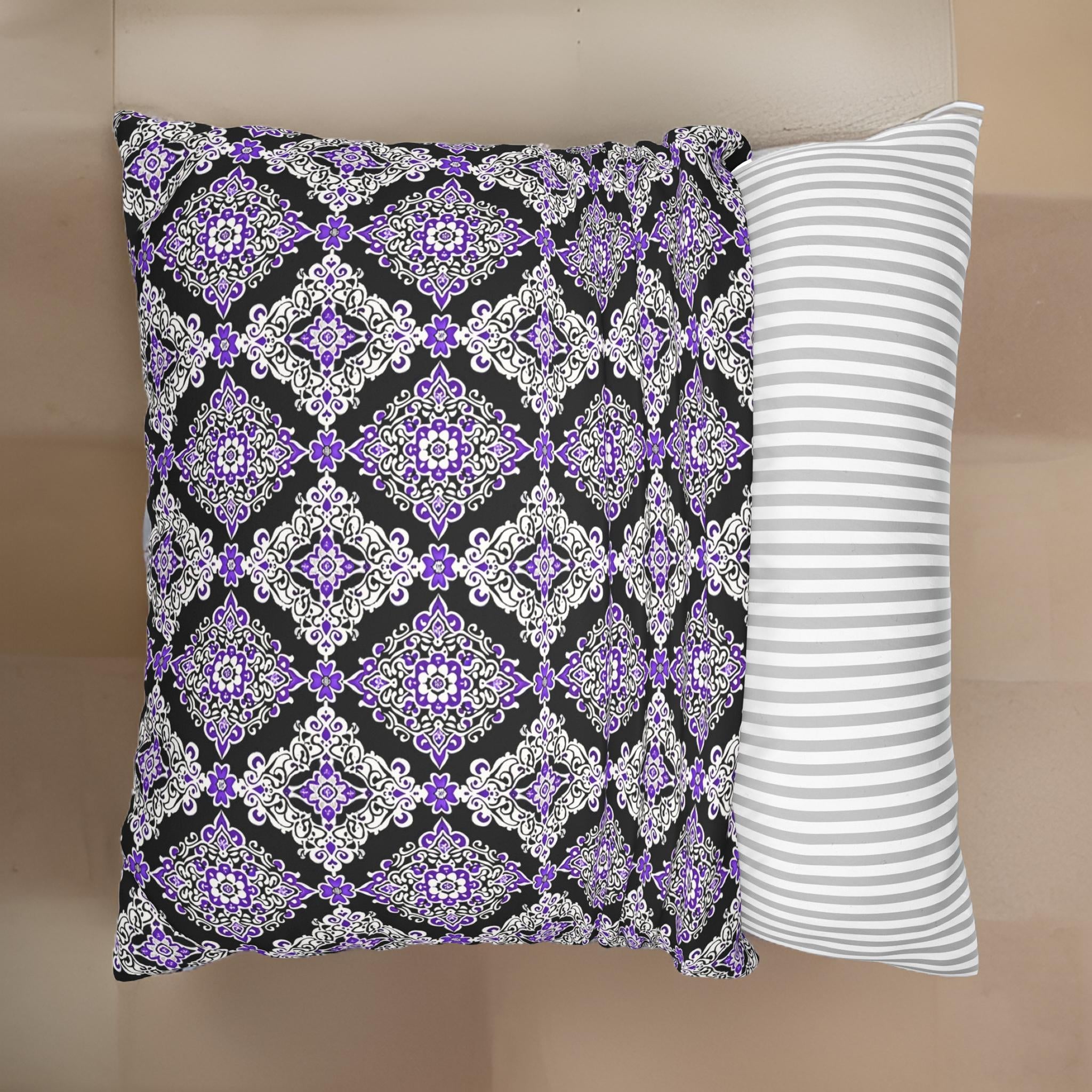 Purple and White Damask Faux Suede Throw Pillow: Midnight Majesty