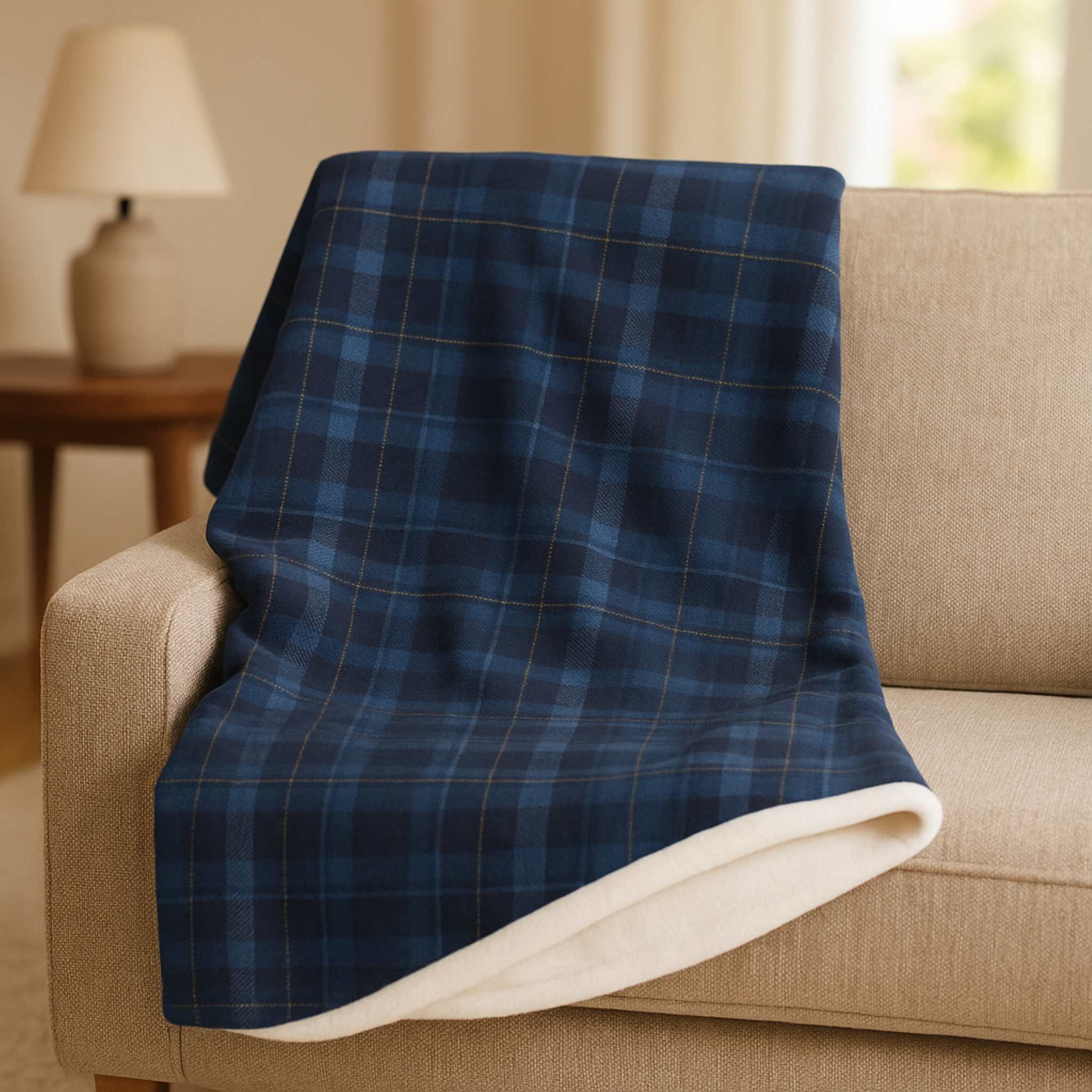 Blue plaid blanket draped over a beige couch in a cozy living room setting.