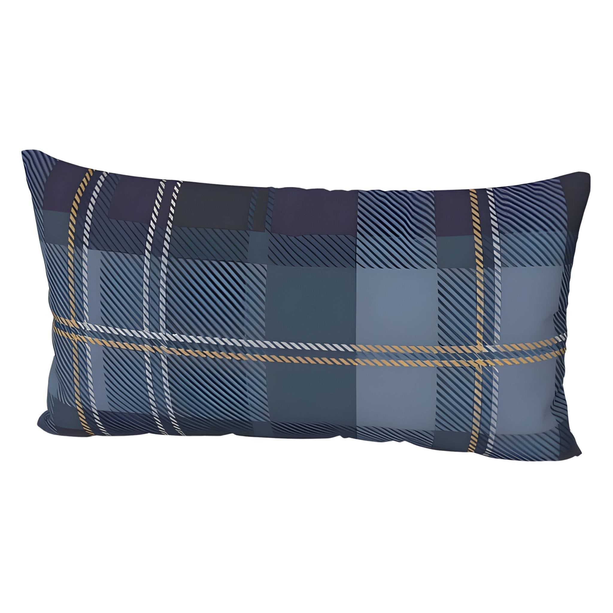 Navy blue plaid pillow with gold accents on a white background