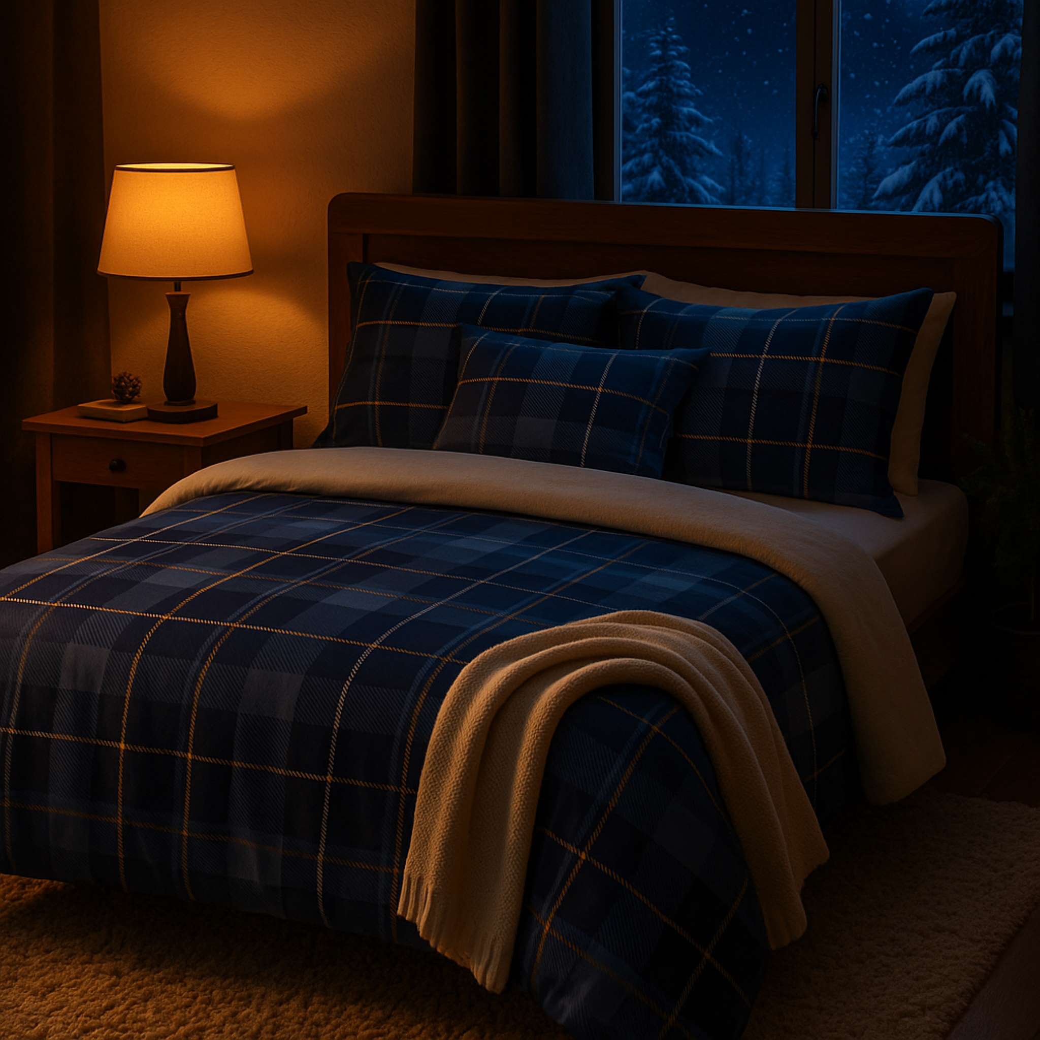 Bedroom with a bed covered in blue plaid bedding and a nightstand with a lamp.