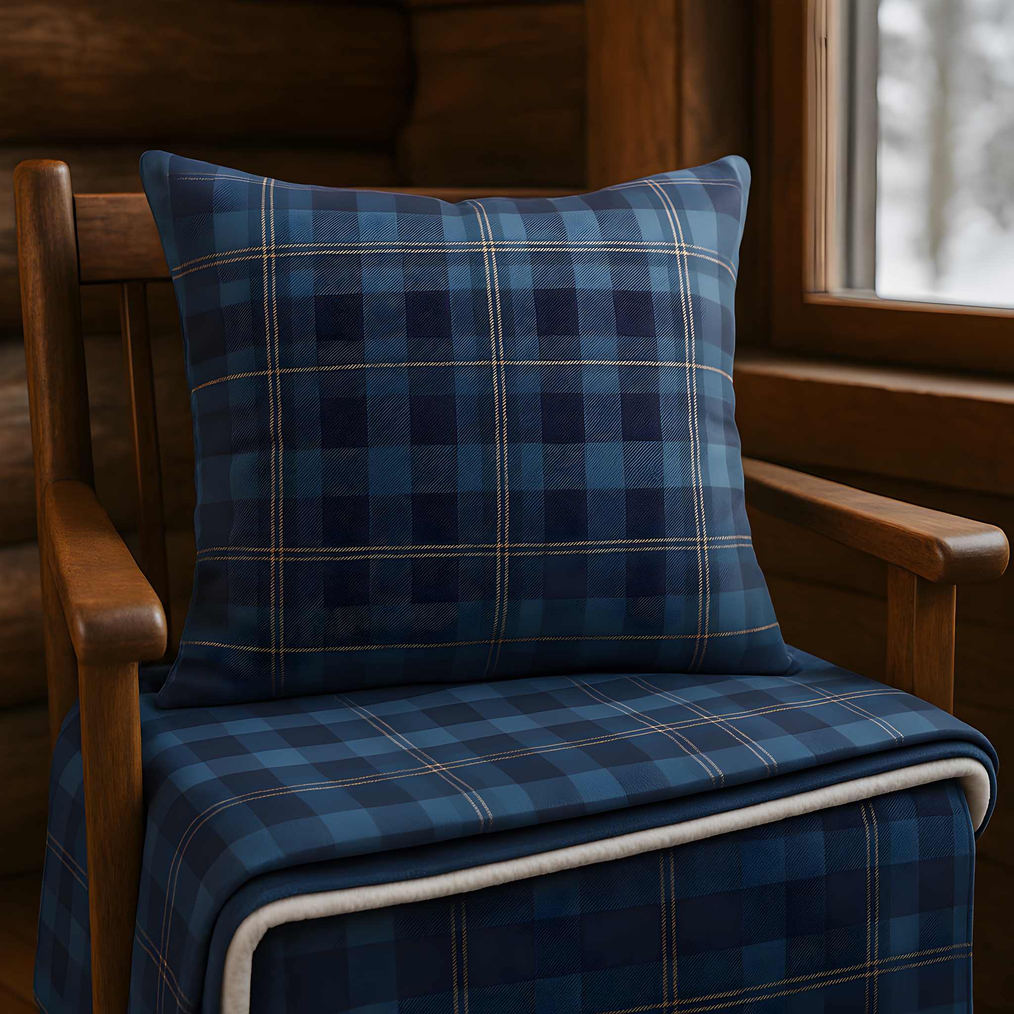 Blue plaid pillow and blanket on a wooden chair by a window