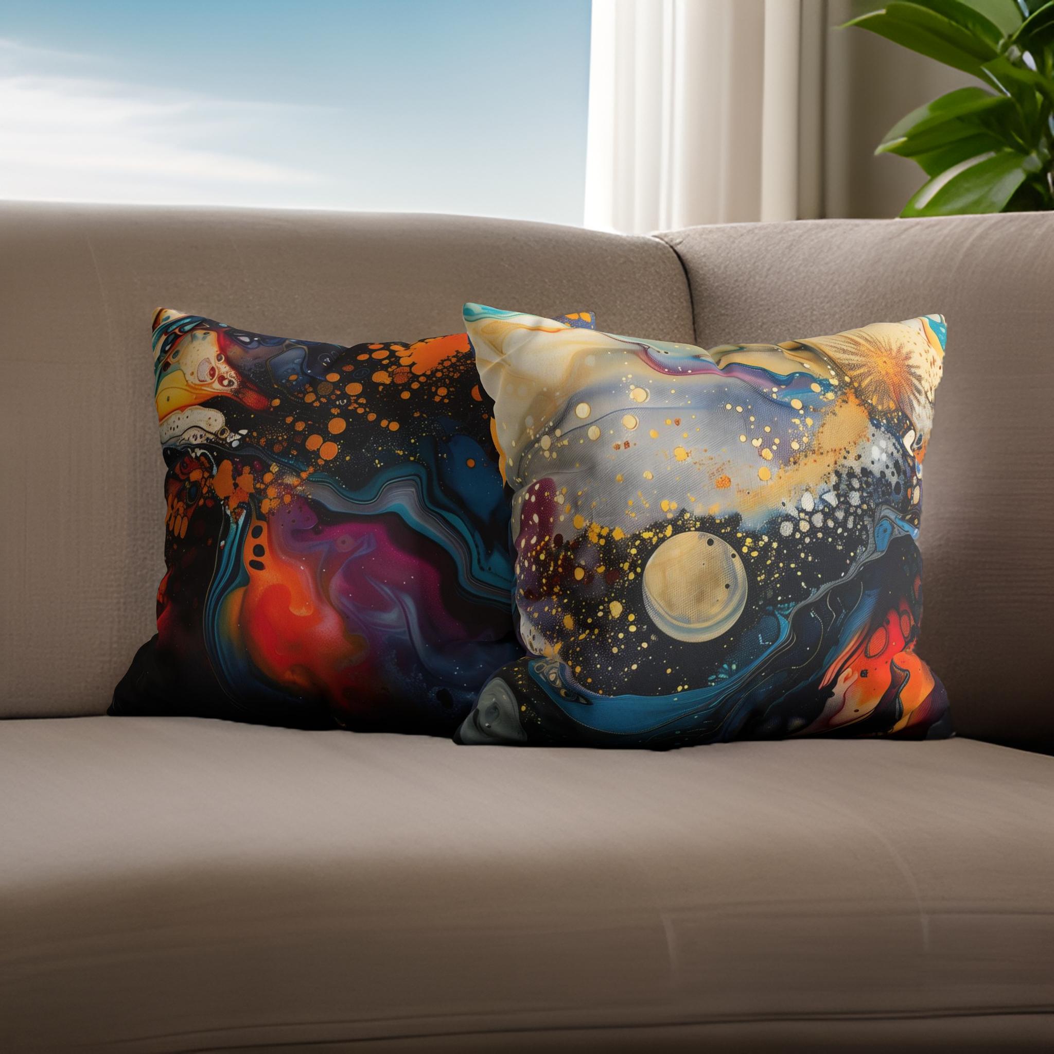 One throw pillow showing the front and back with celestial designs. One with a galaxy-themed pattern, and the other with a modern splatter art style, placed on a sofa.
