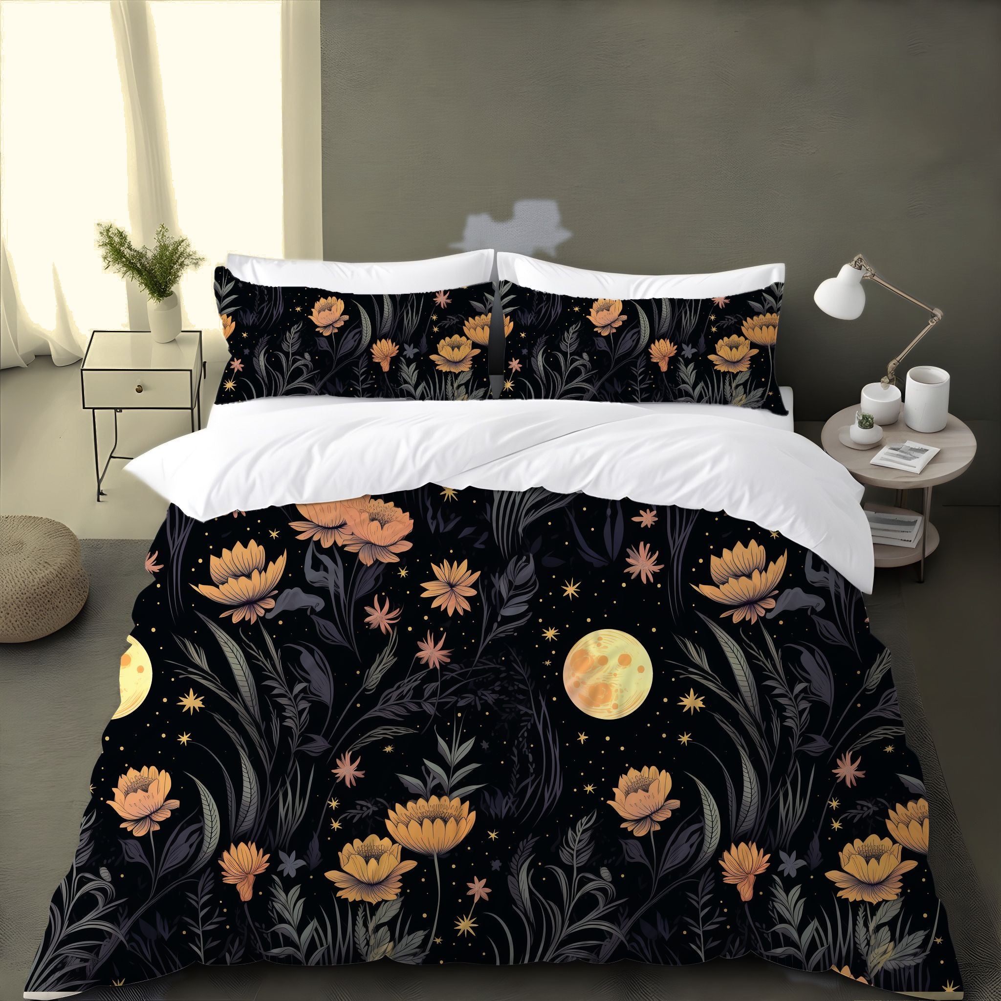 Garden of Shadows Floral Duvet Cover Set with Pillow Shams, Microfiber