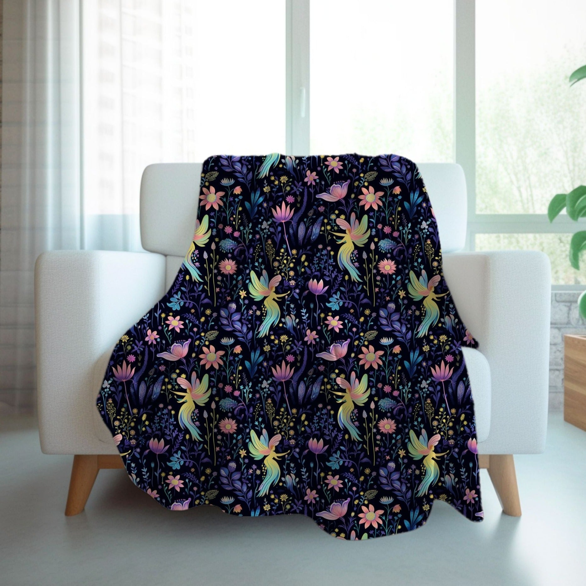 Glowing Garden Fairies Dark Floral Pattern Blanket: Velveteen or Sherpa