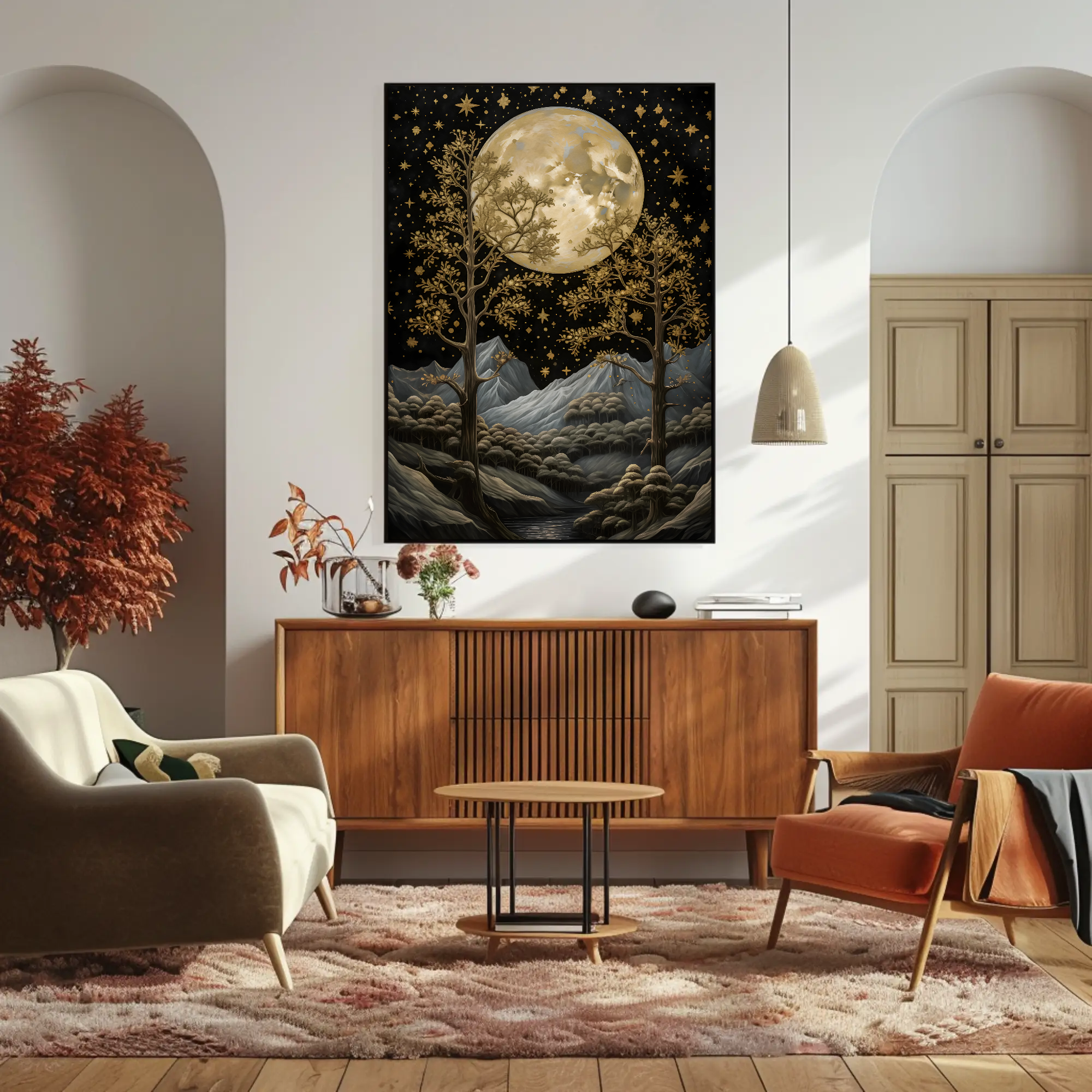 Golden Nightfall Wall Art: Moody Celestial Painting