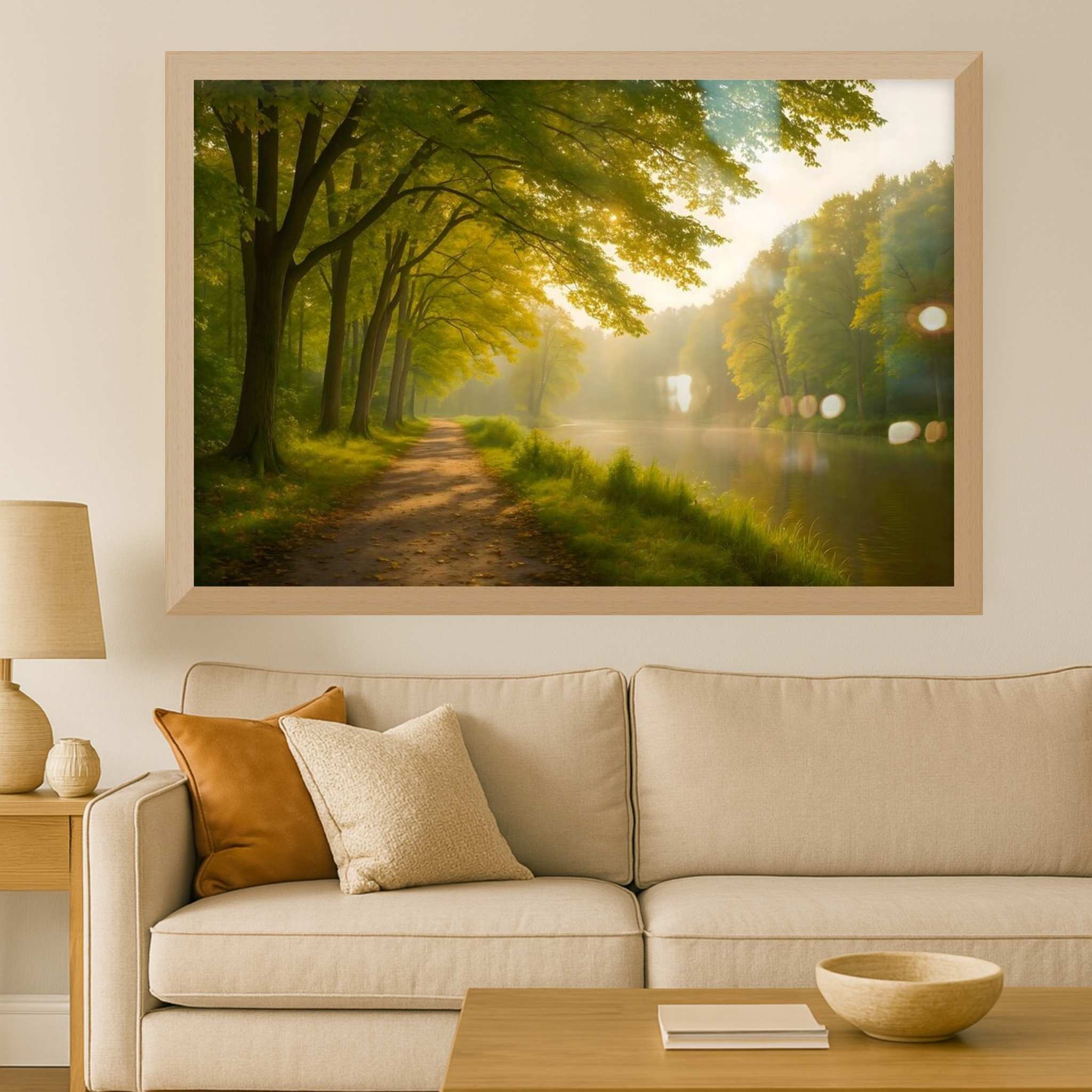 A forest path landscape wall art hung in a cozy cottage living room.