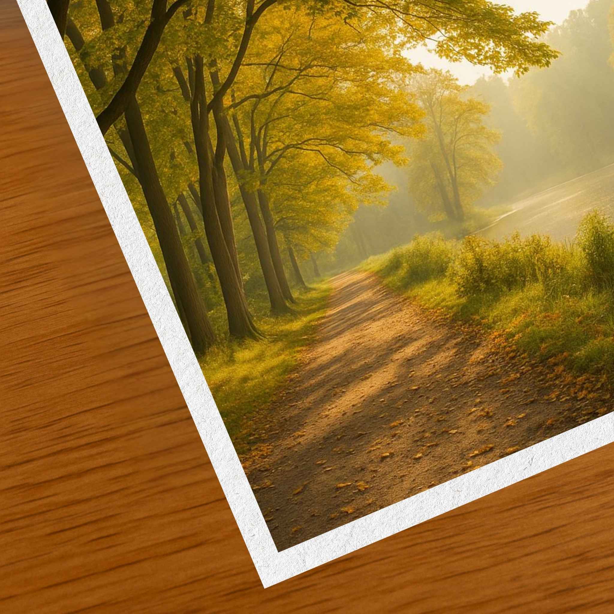 Wooden surface with a scenic landscape print of a forest path and trees.