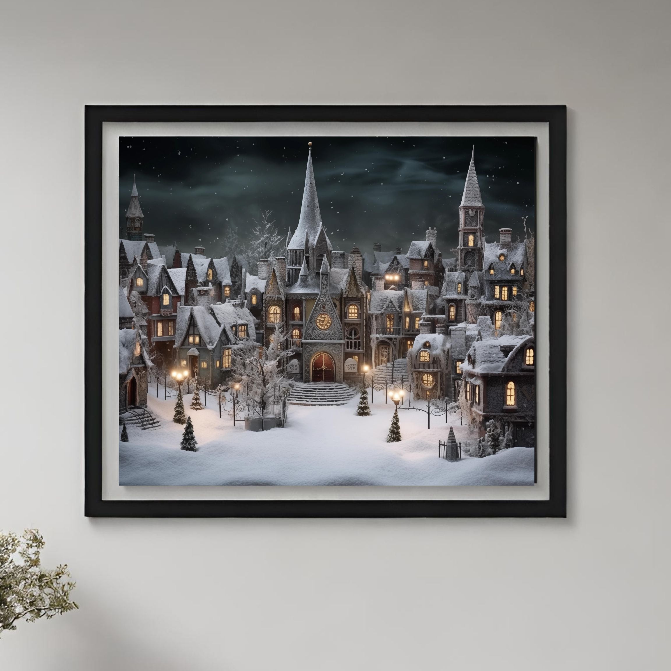 Gothic Religious Christmas Village Satin Art Print