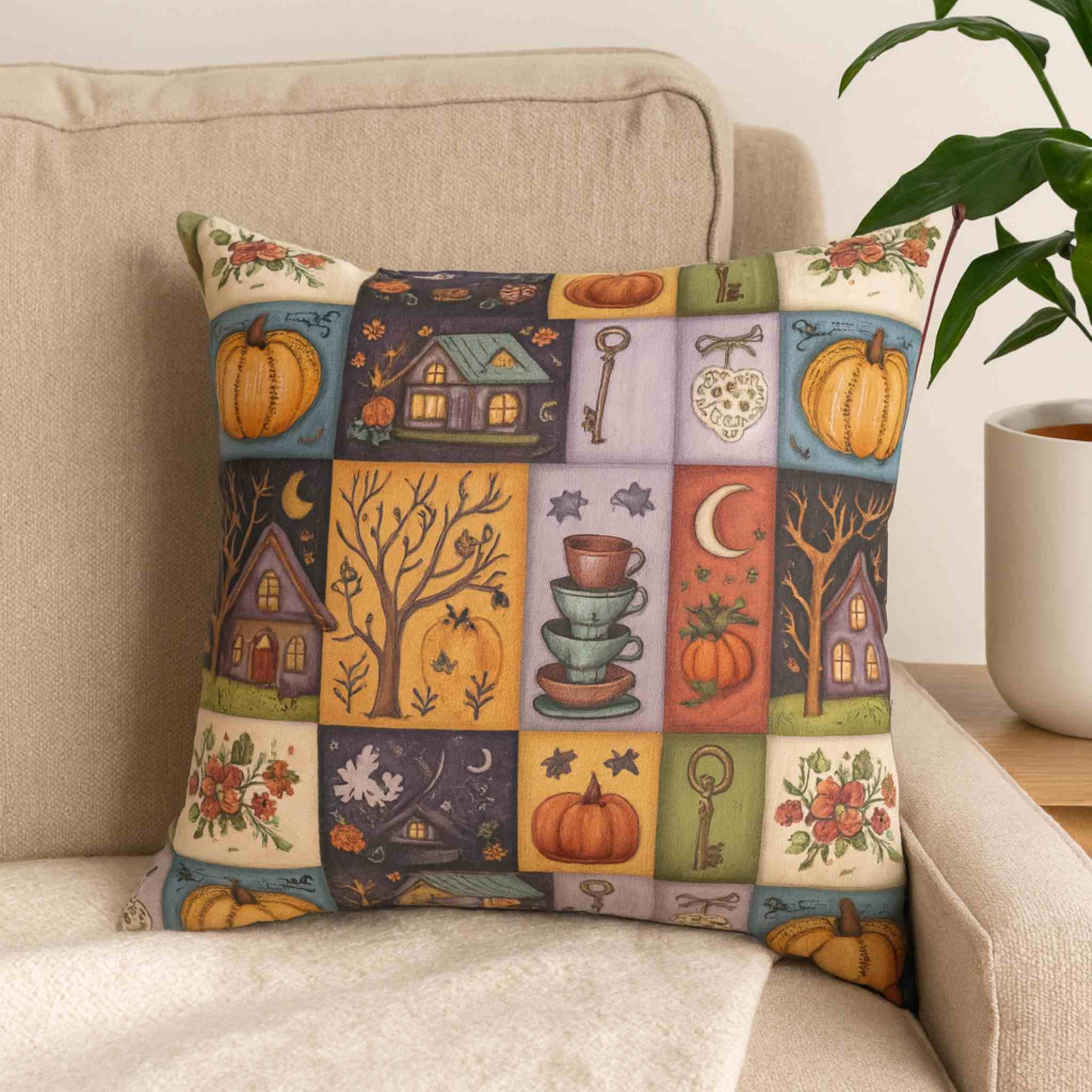 Autumn Folk Art Pillow - Halloween Patchwork | Hallow Season