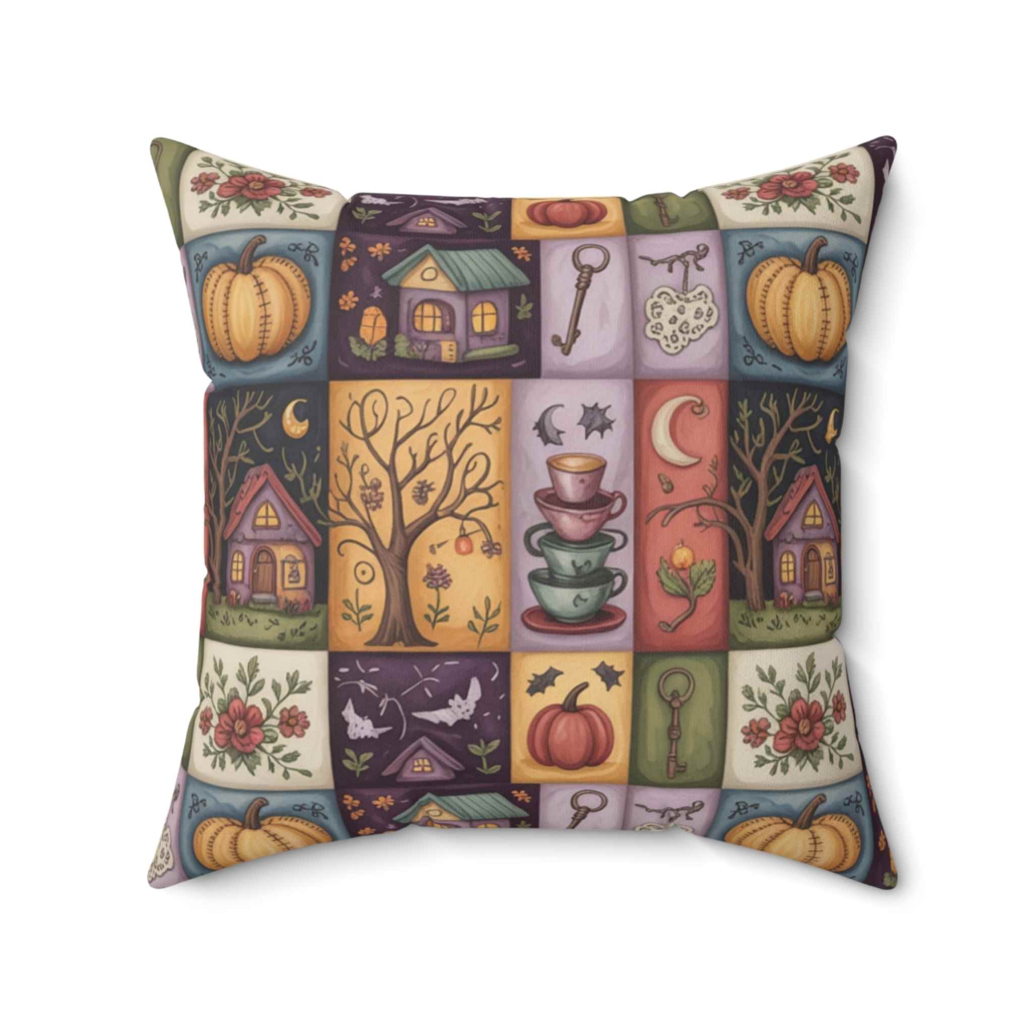 Autumn Folk Art Pillow - Halloween Patchwork | Hallow Season