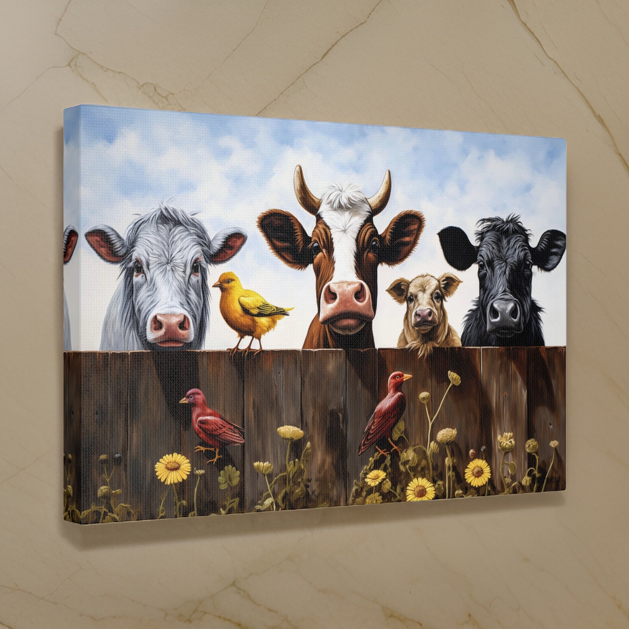 Happy Farmyard Wall Art: Cows Looking Over Rustic Fence