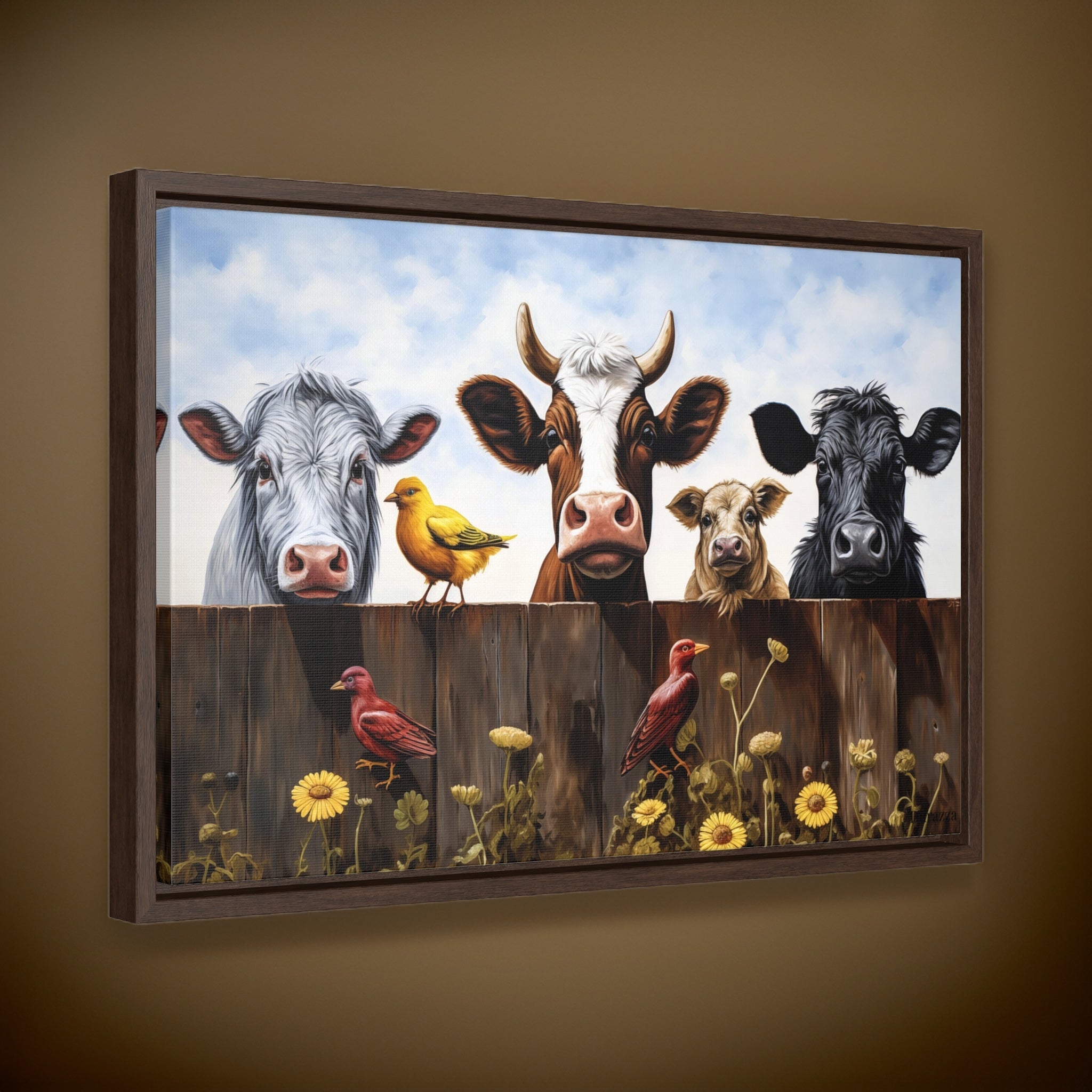 Happy Farmyard Wall Art: Cows Looking Over Rustic Fence