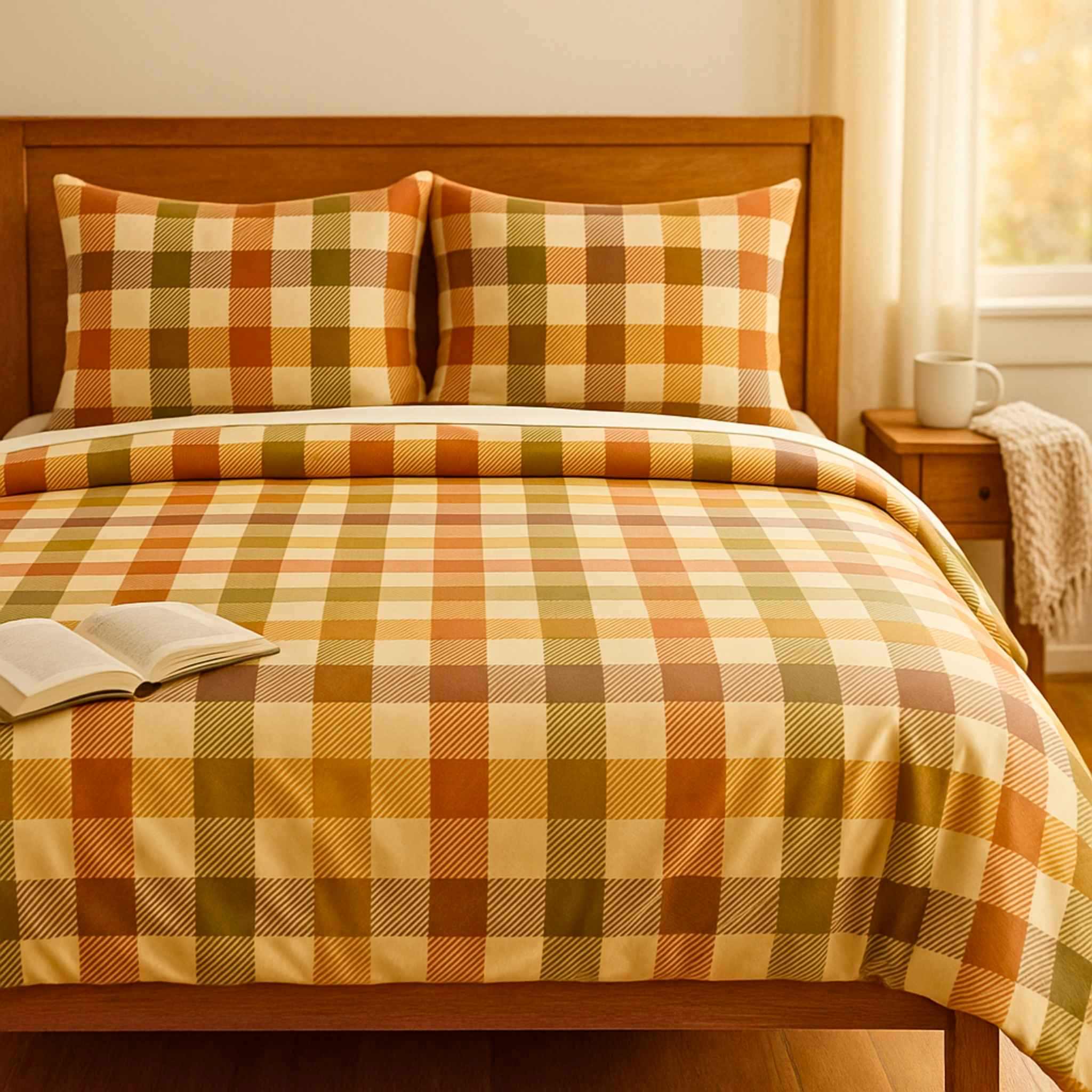 Bed with plaid bedding and checkered pillows in a cozy bedroom setting.
