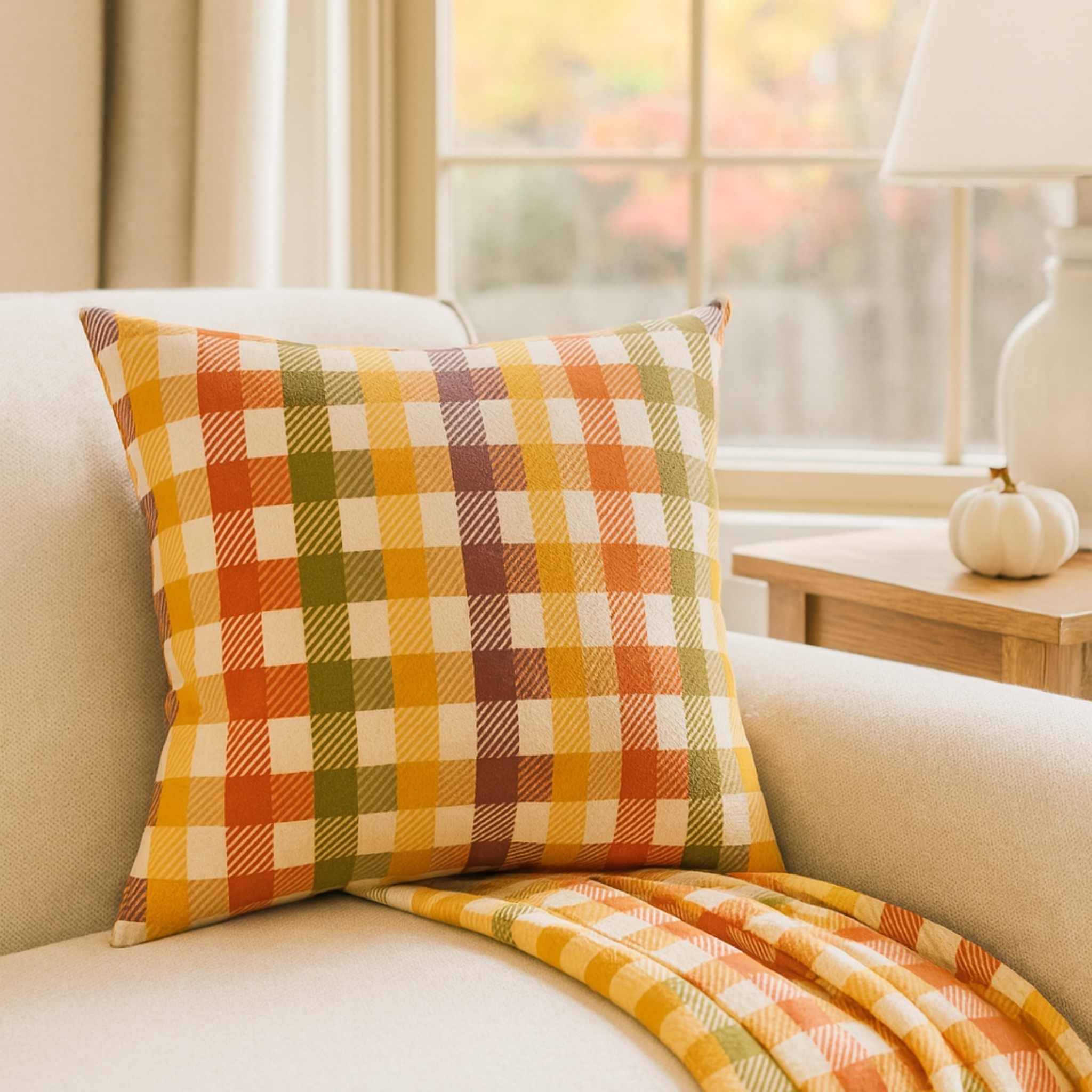 Plaid Throw Pillow – Woven Autumn Cushion | Harvest Check