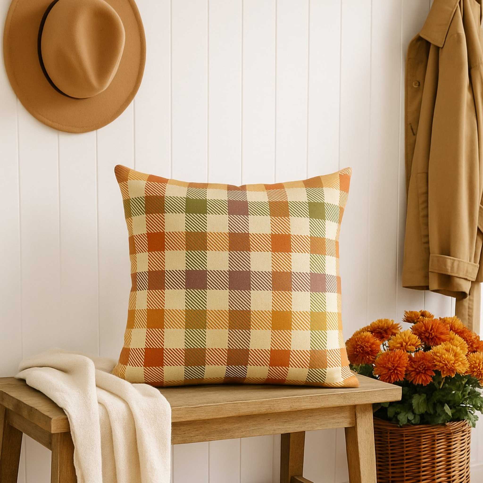 Plaid Throw Pillow – Woven Autumn Cushion | Harvest Check