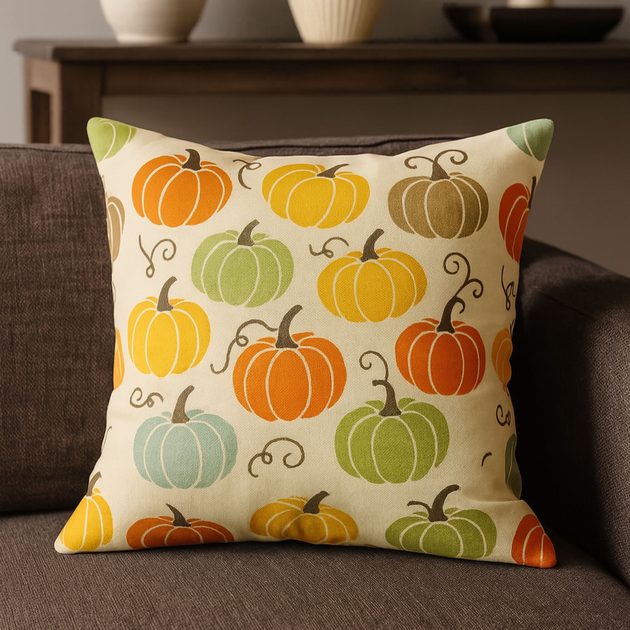 Decorative pillow with pumpkin pattern on a brown couch
