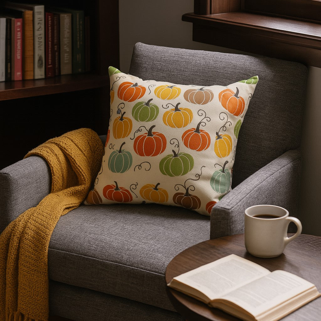 Gray armchair with a colorful pumpkin-patterned pillow, yellow blanket, and a cup of coffee on a small table.
