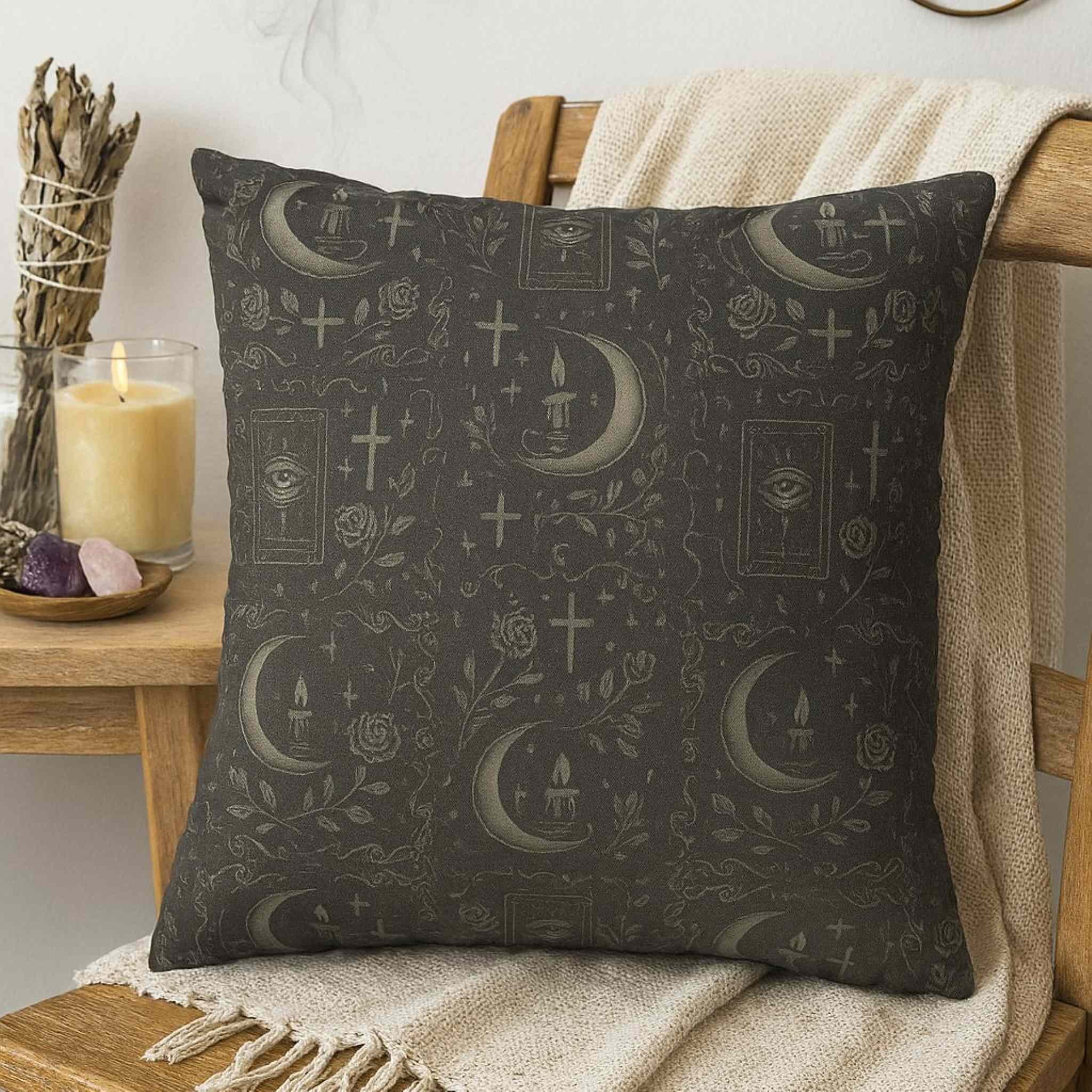 Decorative pillow with mystical symbols on a wooden chair with a candle and stones in the background.