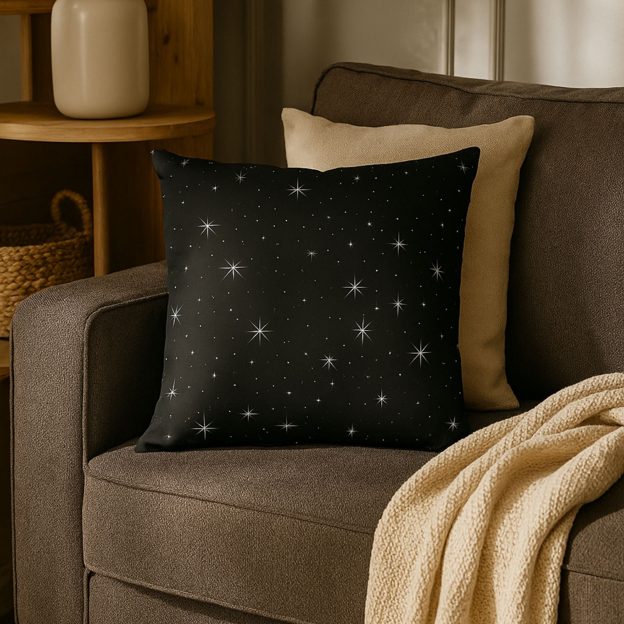 Black pillow with star pattern on a brown couch in a cozy living room setting.