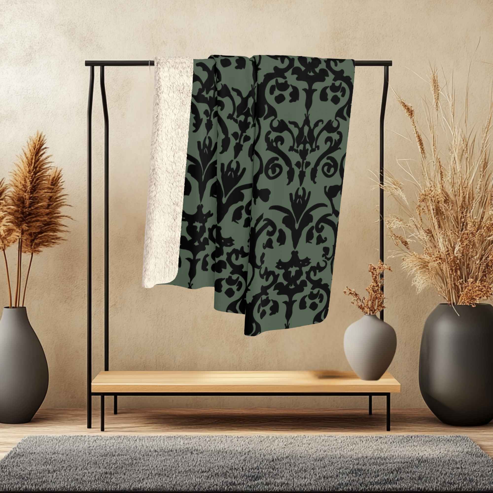 Green Damask Blanket – Dark Vintage Accent | Gothic Maze