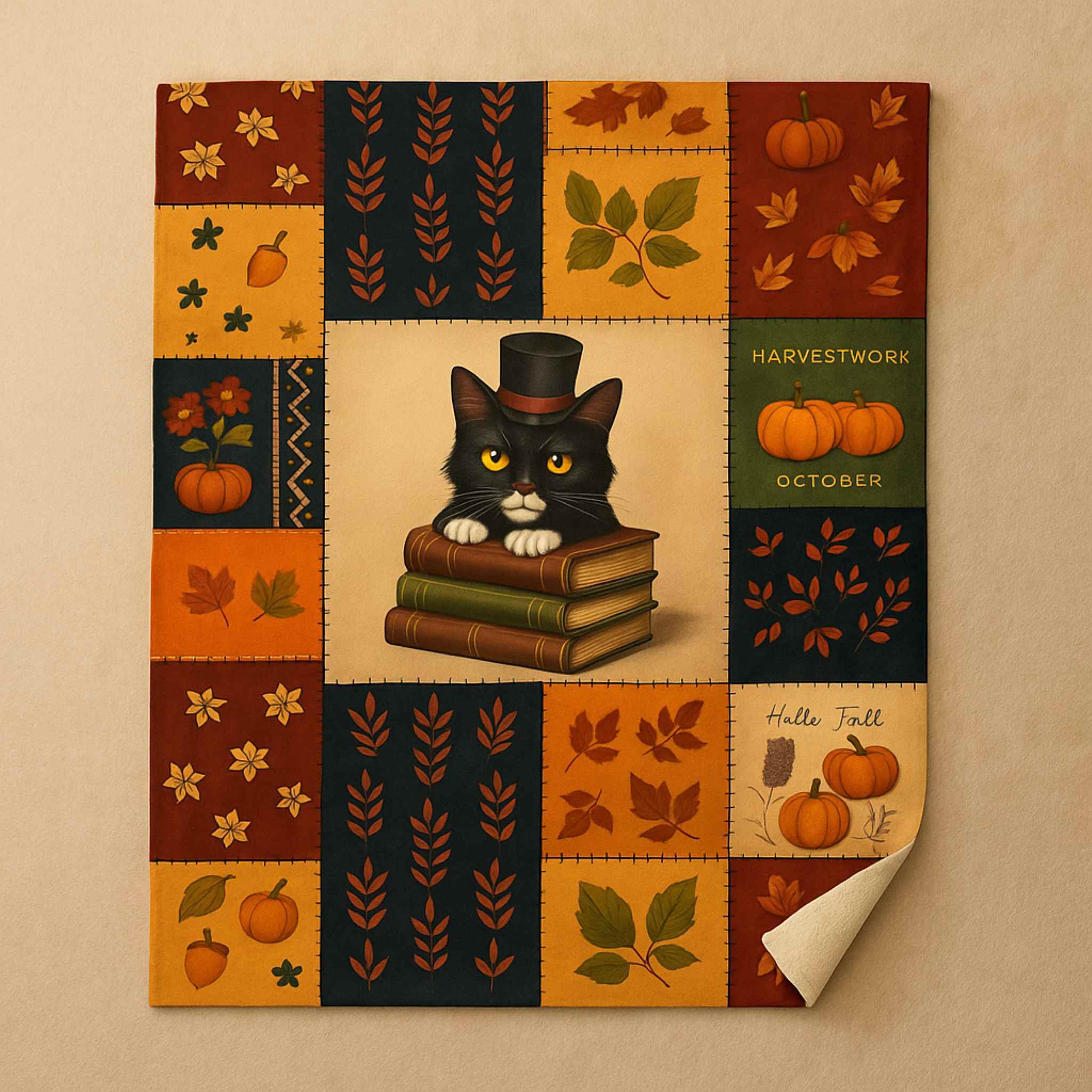 Decorative fall-themed throw blanket with a cat, books, and pumpkins on a patchwork background.