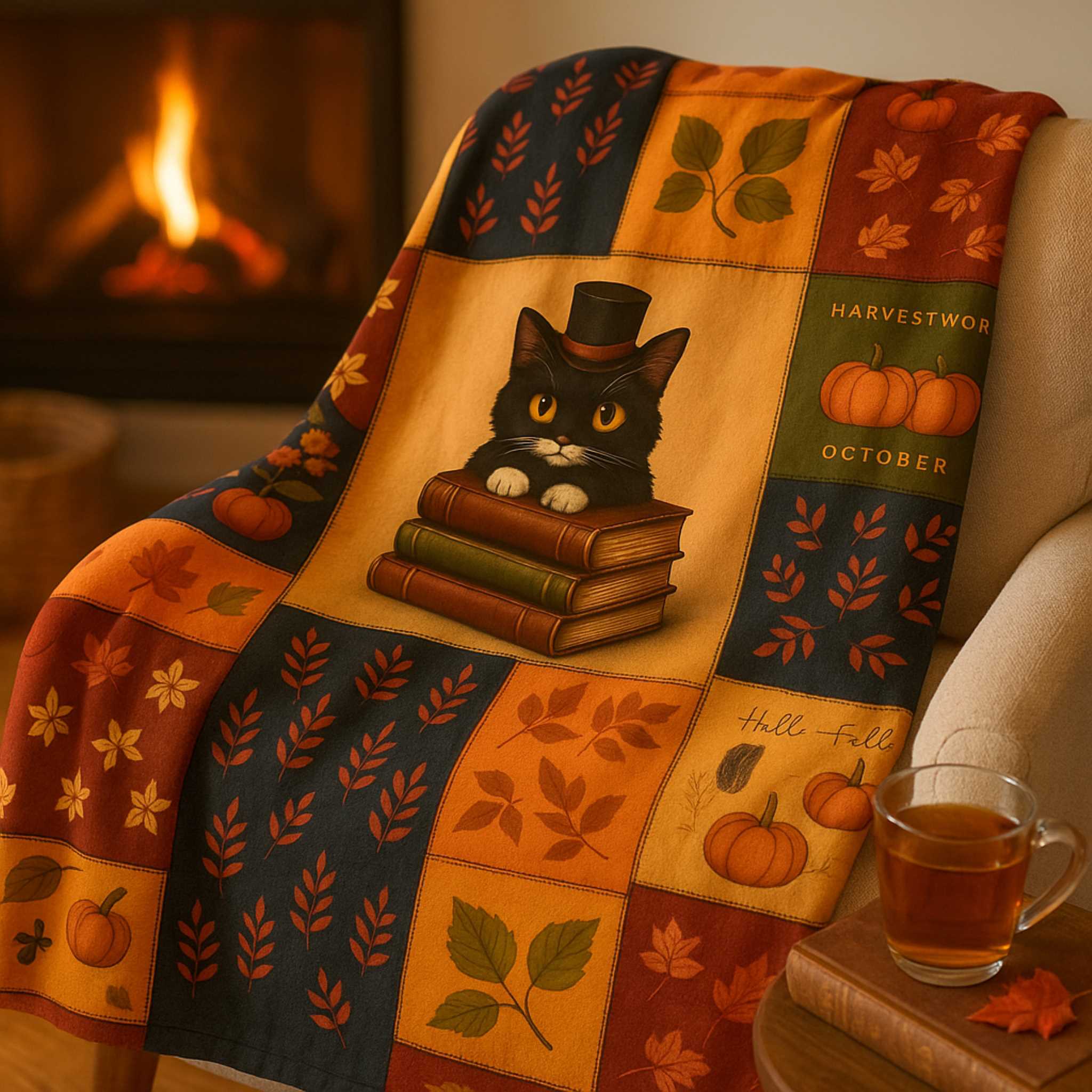 Autumn Cat Blanket – Patchwork Books and Pumpkins | Inkwhisker