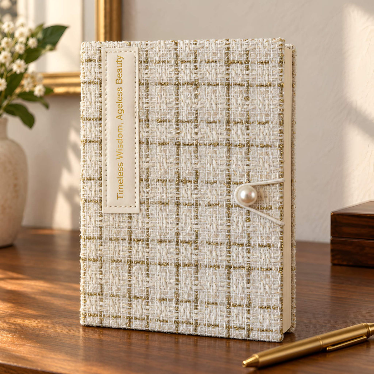 Cream fabric journal with gold-thread check and pearl-like accent standing on a wooden desk beside a gold pen.