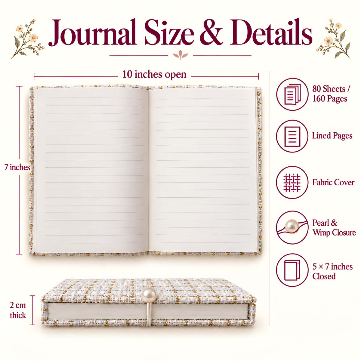Journal size and details graphic showing open pages, cover views, and labeled measurements.