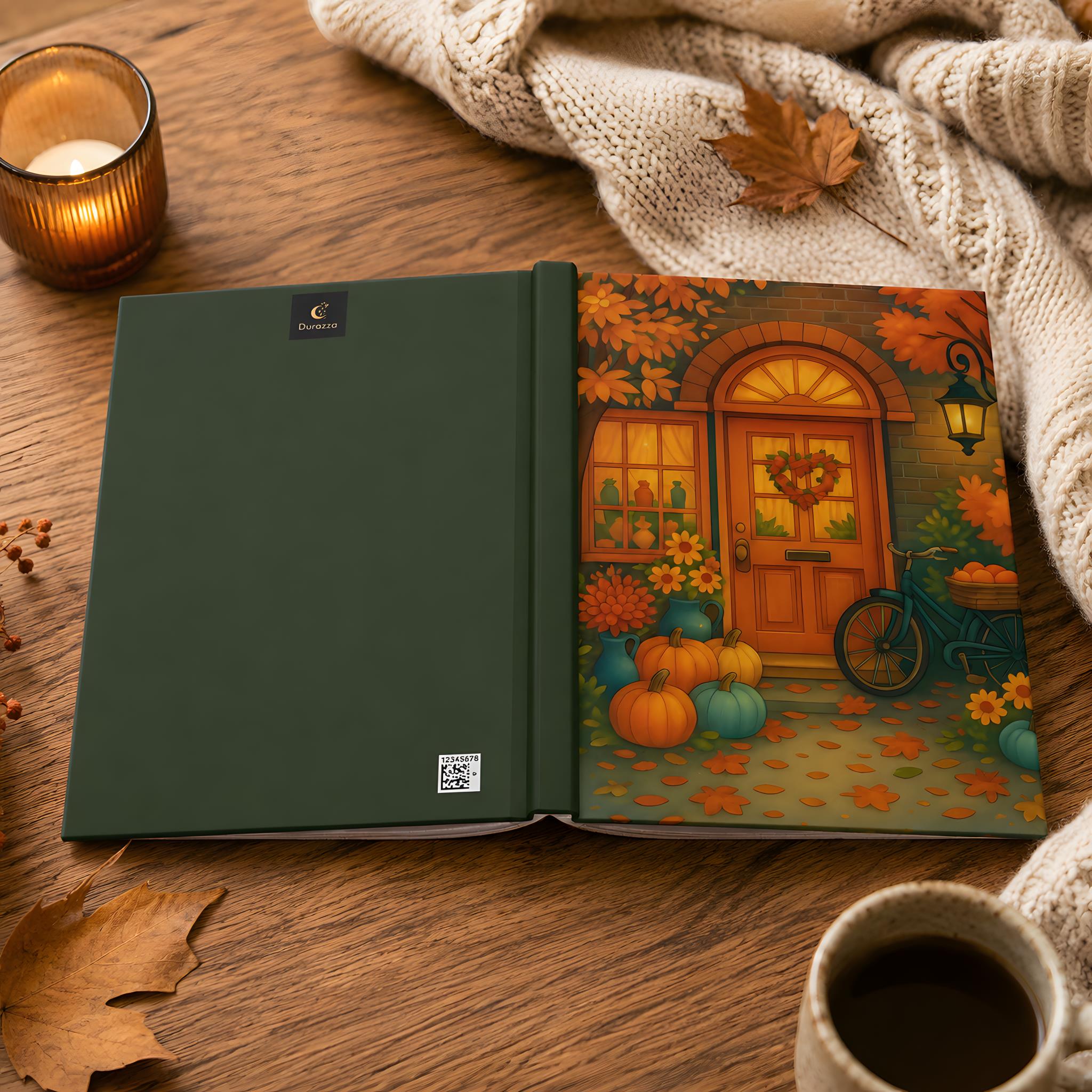 Fall cottage journal with front and back covers styled on a warm wooden tabletop.