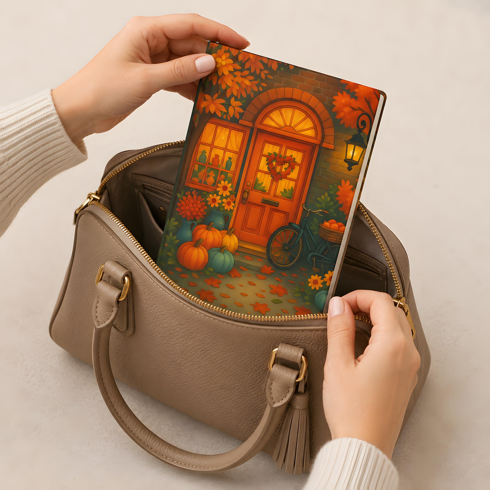 Woman placing 5.75 x 8 inch fall cottage hardcover journal into a handbag.