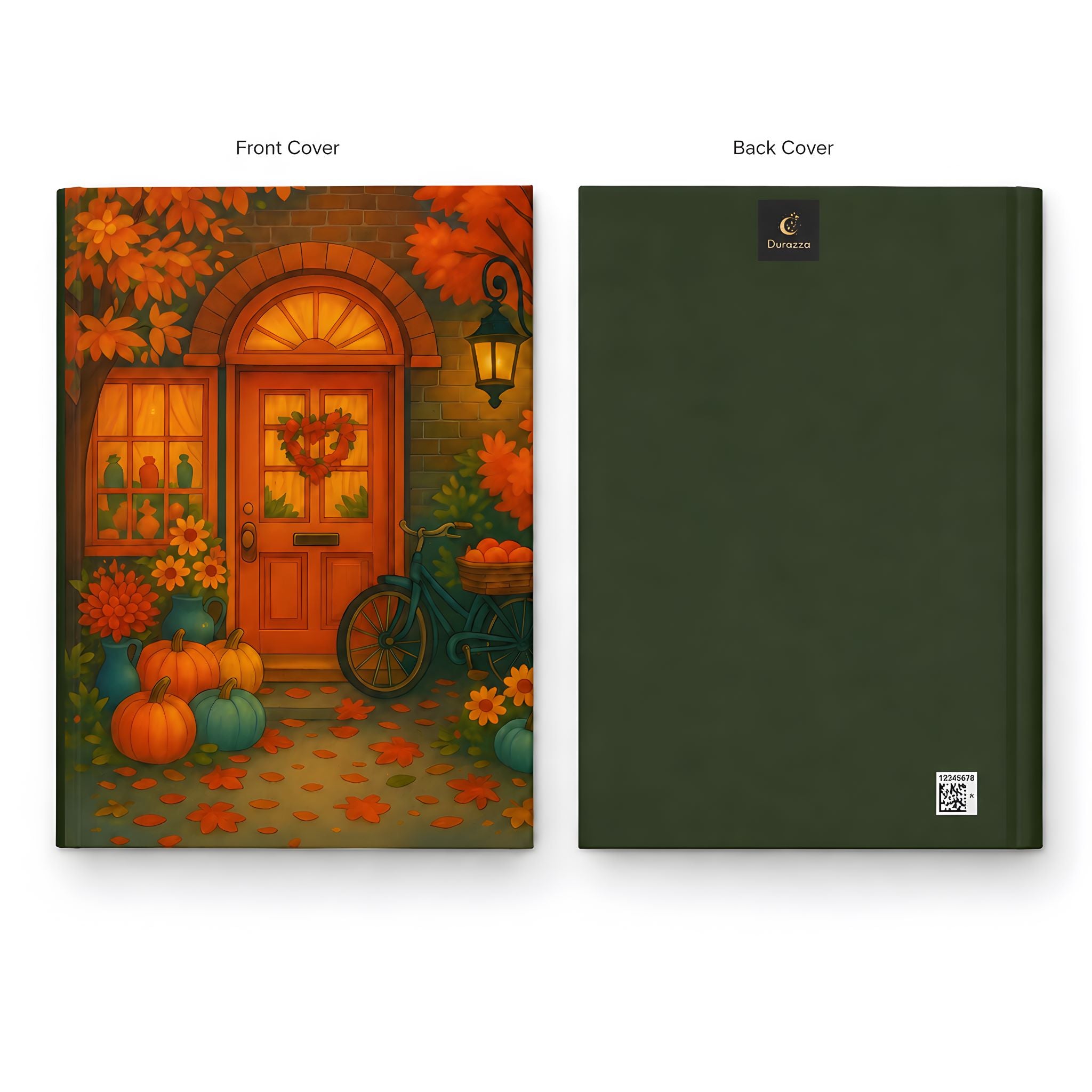 Front and back covers of Golden Entry fall cottage hardcover journal shown side by side
