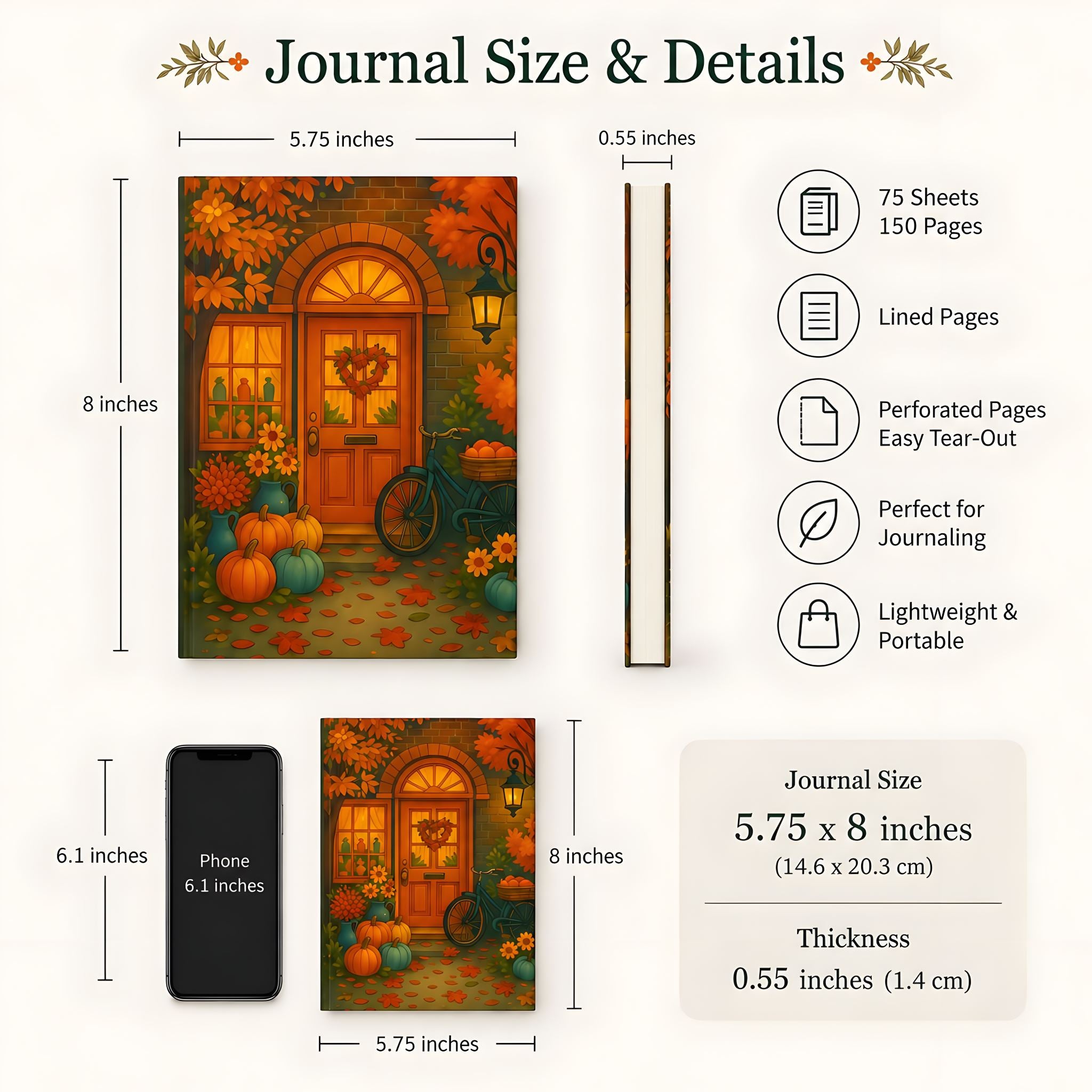 Autumn cottage journal size guide showing 5.75 x 8 inch hardcover notebook details.