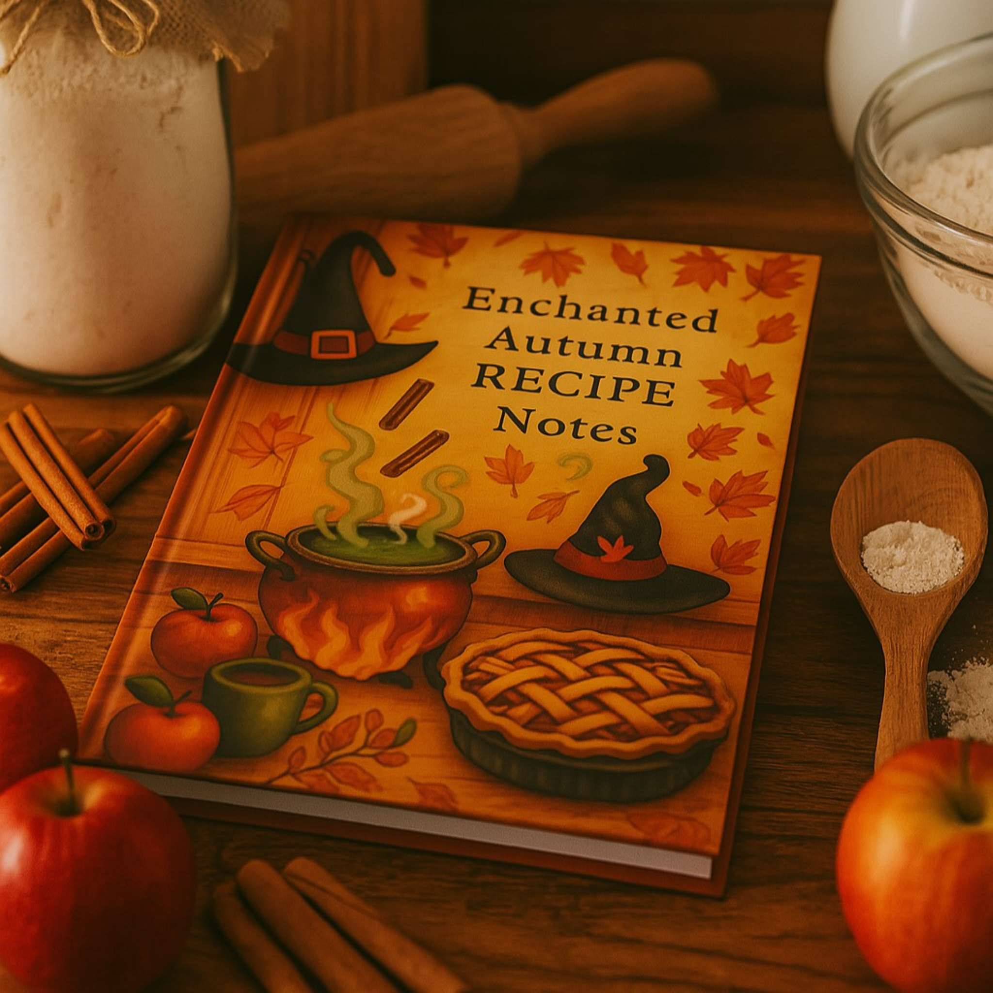 Journal titled 'Enchanted Autumn Recipe Notes' surrounded by apples, cinnamon sticks, and a jar on a wooden surface.
