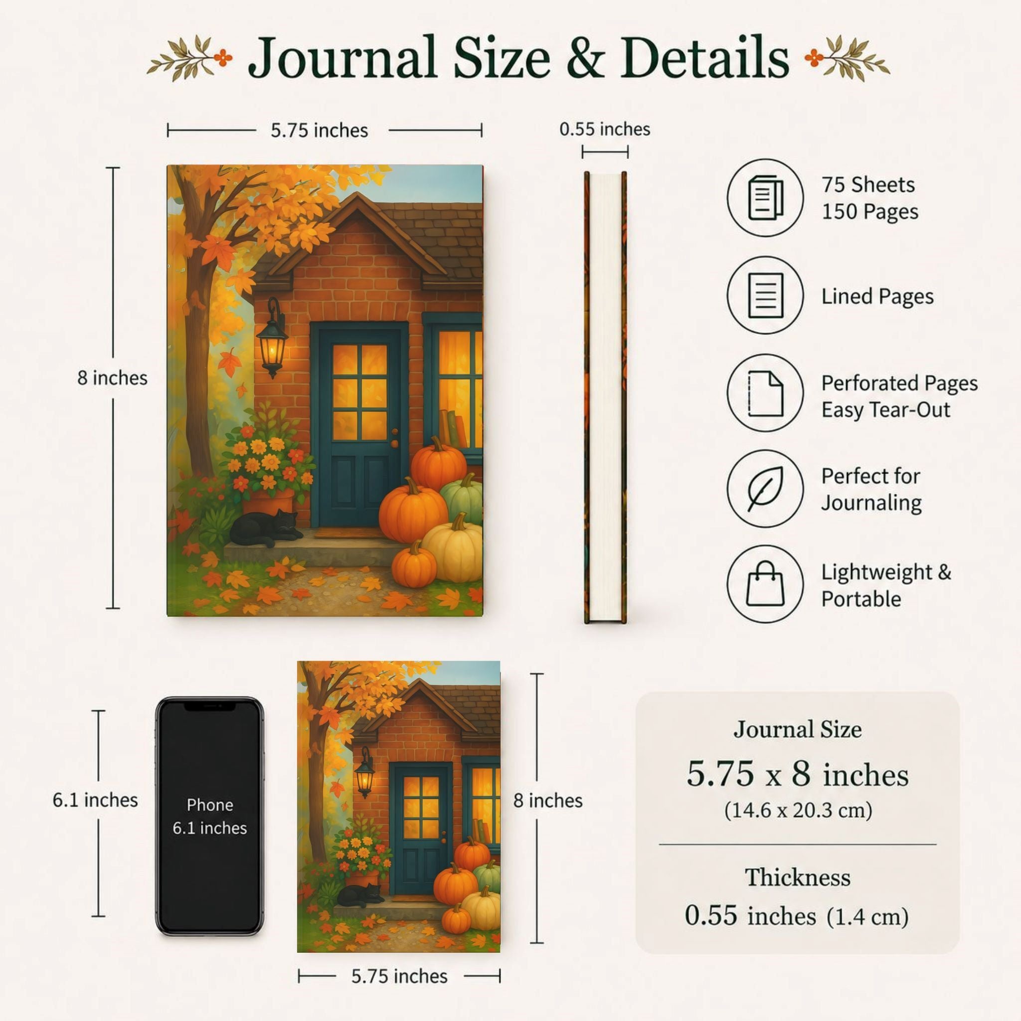 Hardcover journal size and details with autumn-themed cover and measurements.
