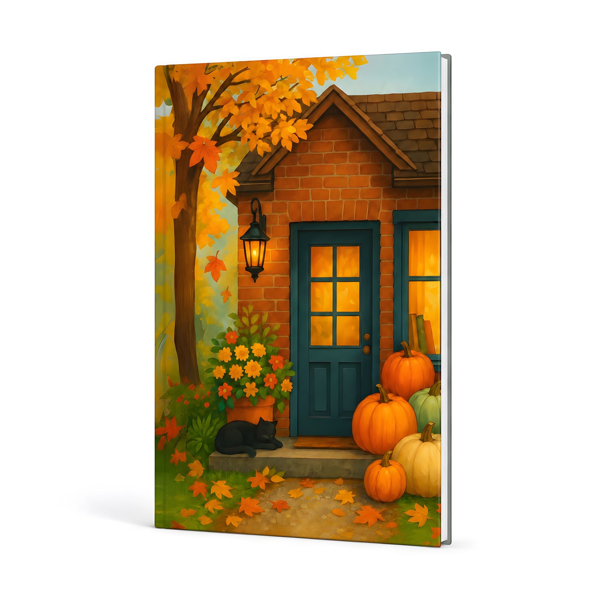 Cozy Doorstep fall cottage lined journal with teal door, pumpkins, leaves, and black cat